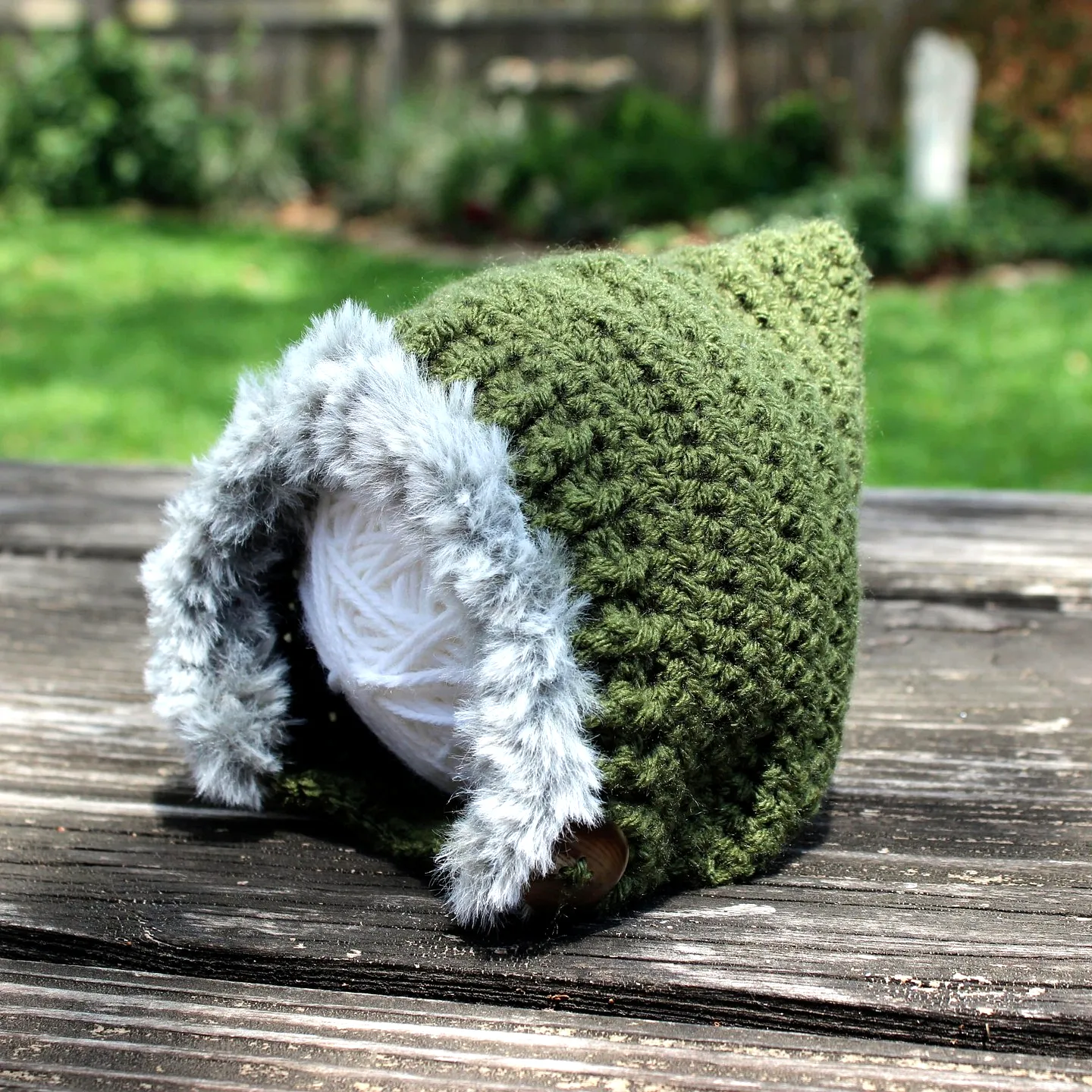 Adorable Crochet Gnome Hat in Rich Green with Gray Trim