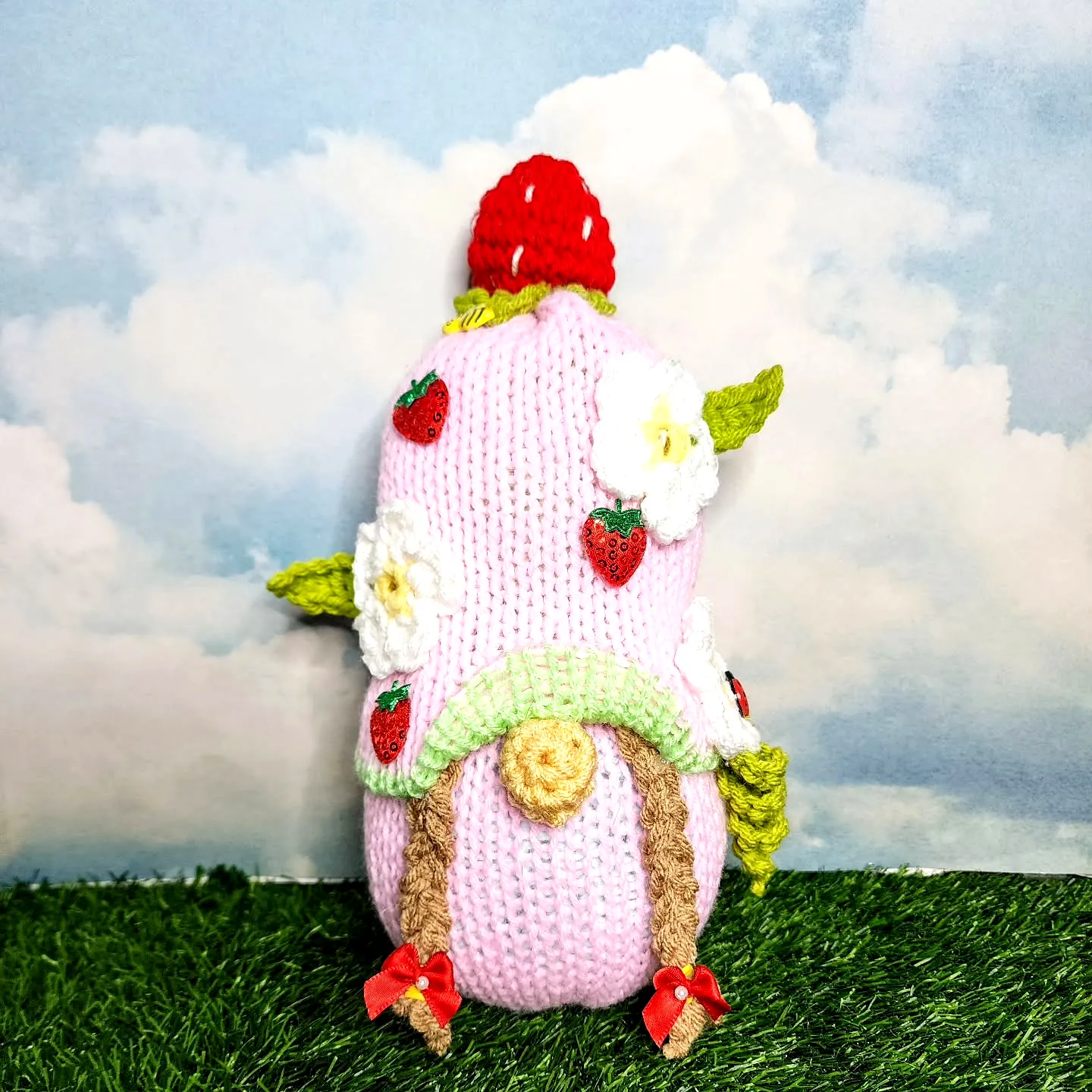 Adorable Crochet Gnome in Soft Pink with Flowers and Strawberries