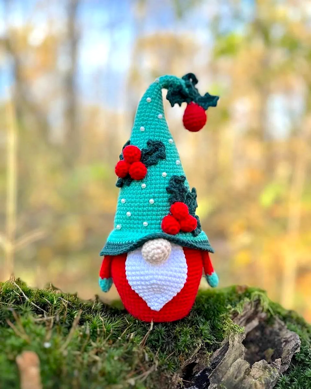 Adorable Crochet Gnome in Vibrant Turquoise and Red Colors