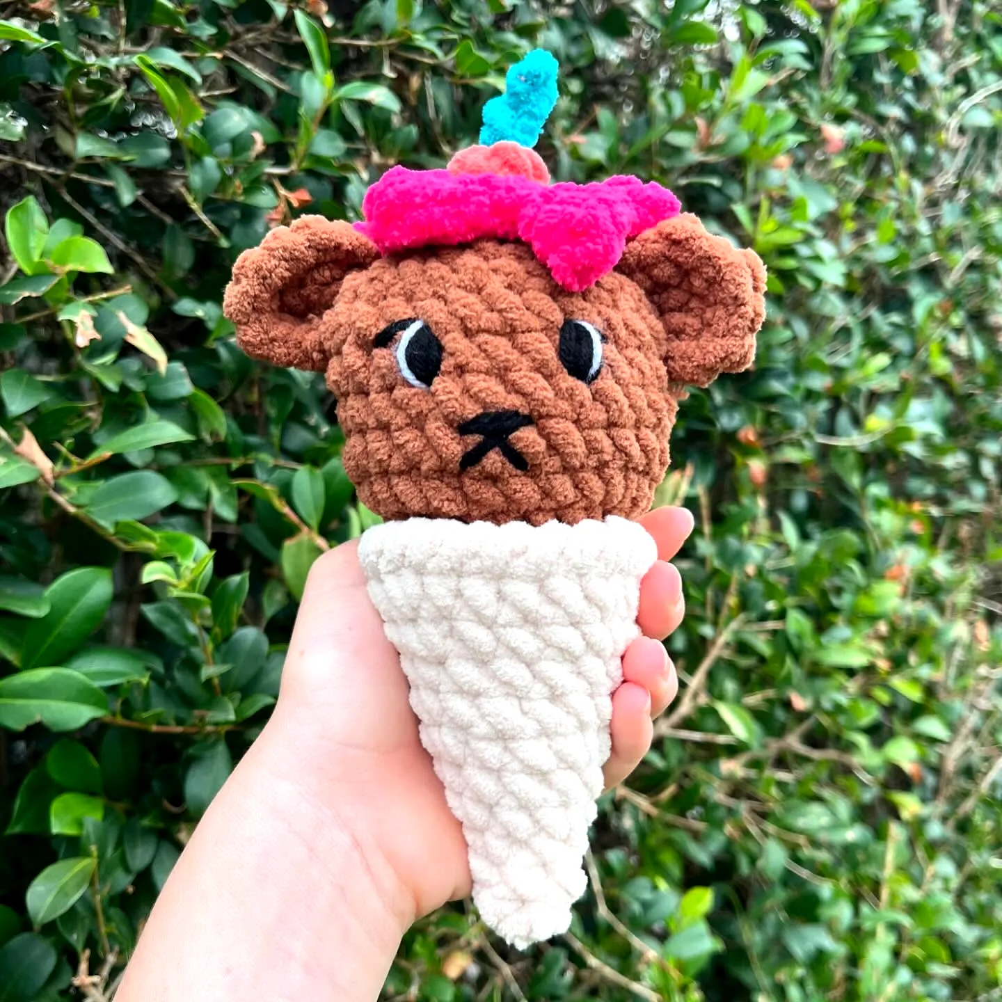 Adorable crochet ice cream cone with bear head in vibrant colors