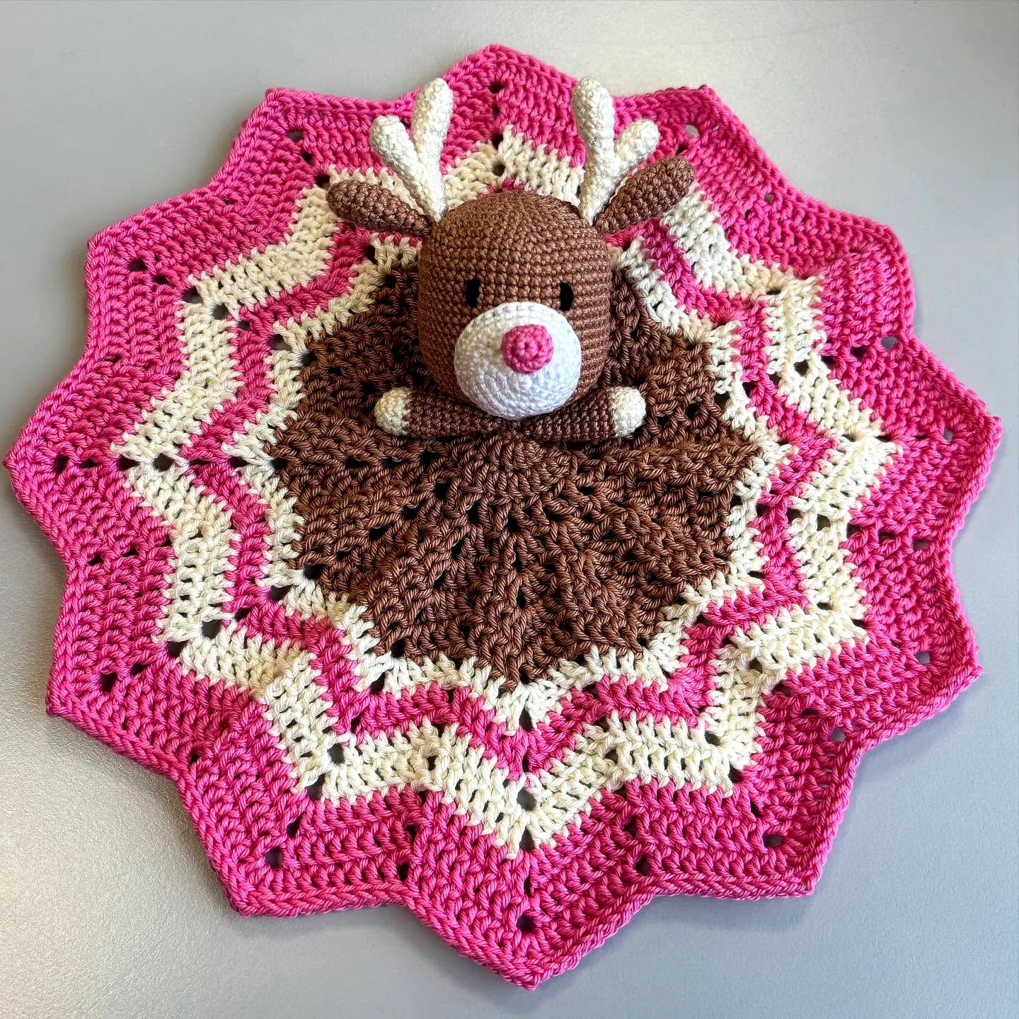 Adorable Crochet Lovey with Reindeer Head in Vibrant Colors
