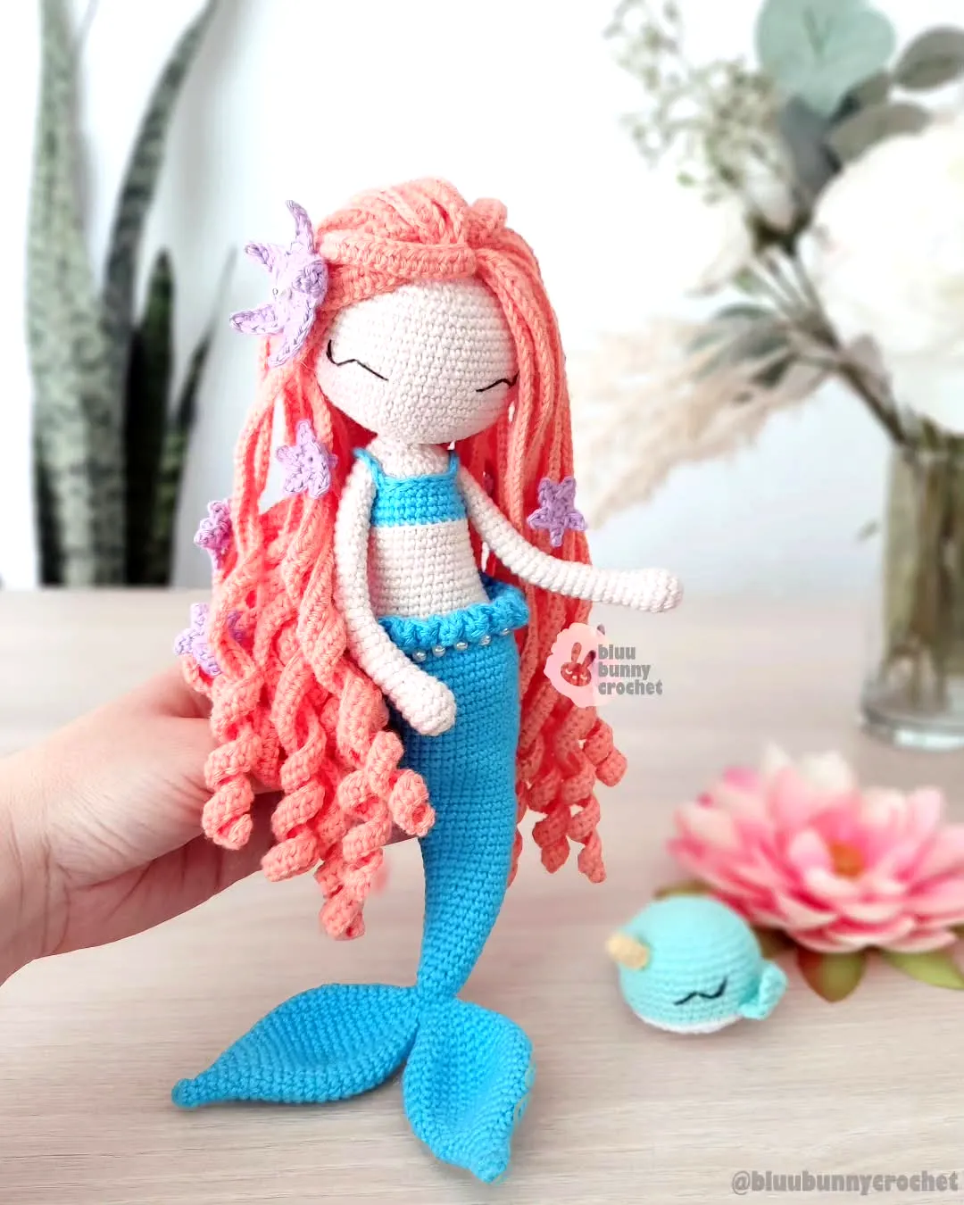 Adorable Crochet Mermaid Doll with Colorful Aqua Tail and Purple Flowers
