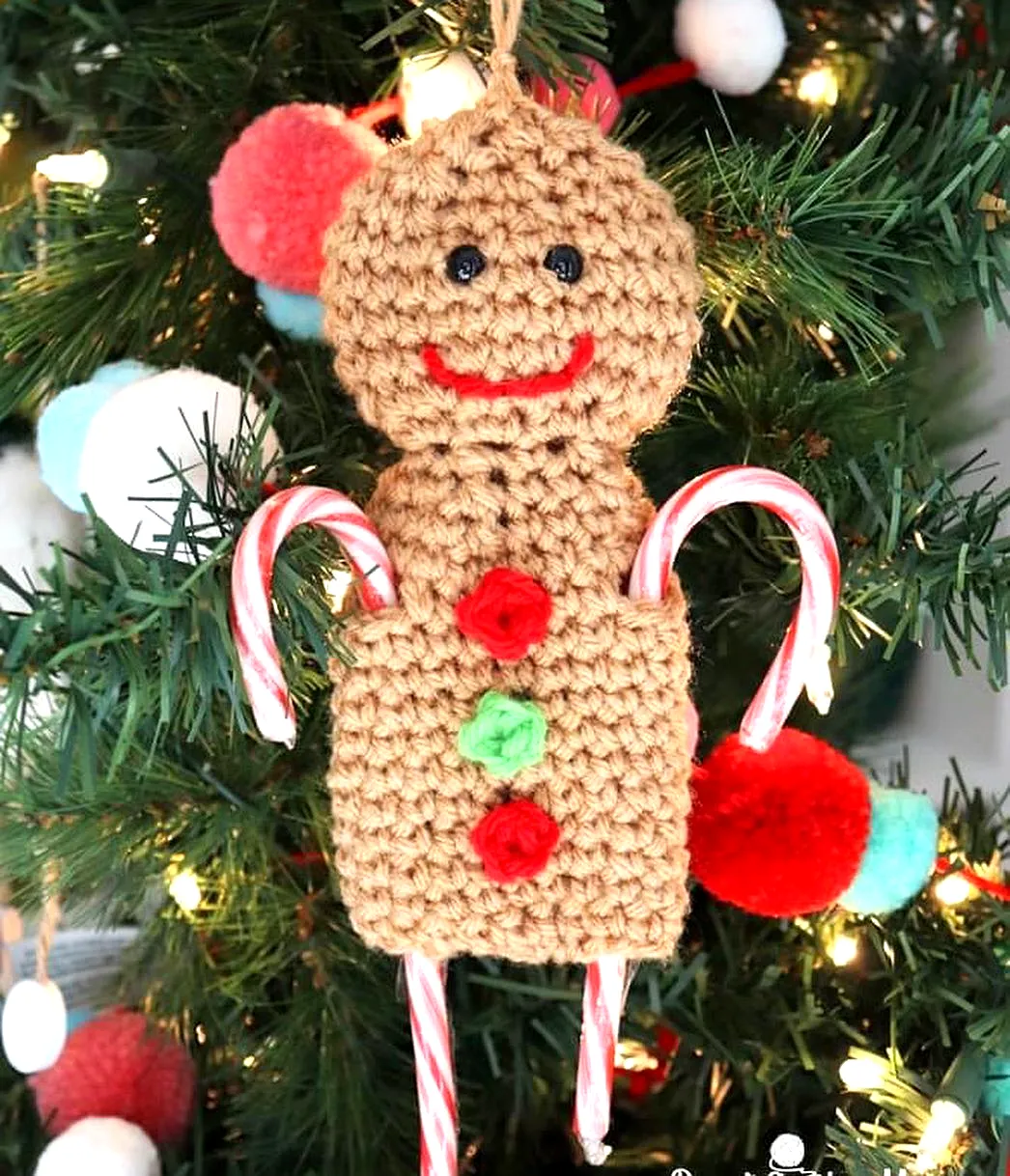 Adorable Crochet Ornament Gingerbread Man with Candy Canes