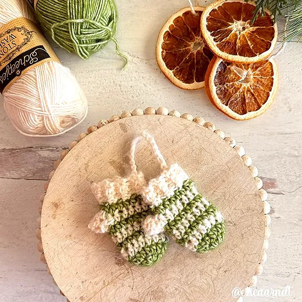 Adorable Crochet Ornament Mini Mittens in Green and Cream