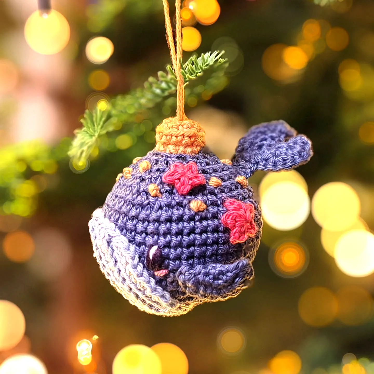 Adorable Crochet Ornament Whale in Blue and Cream with Flowers