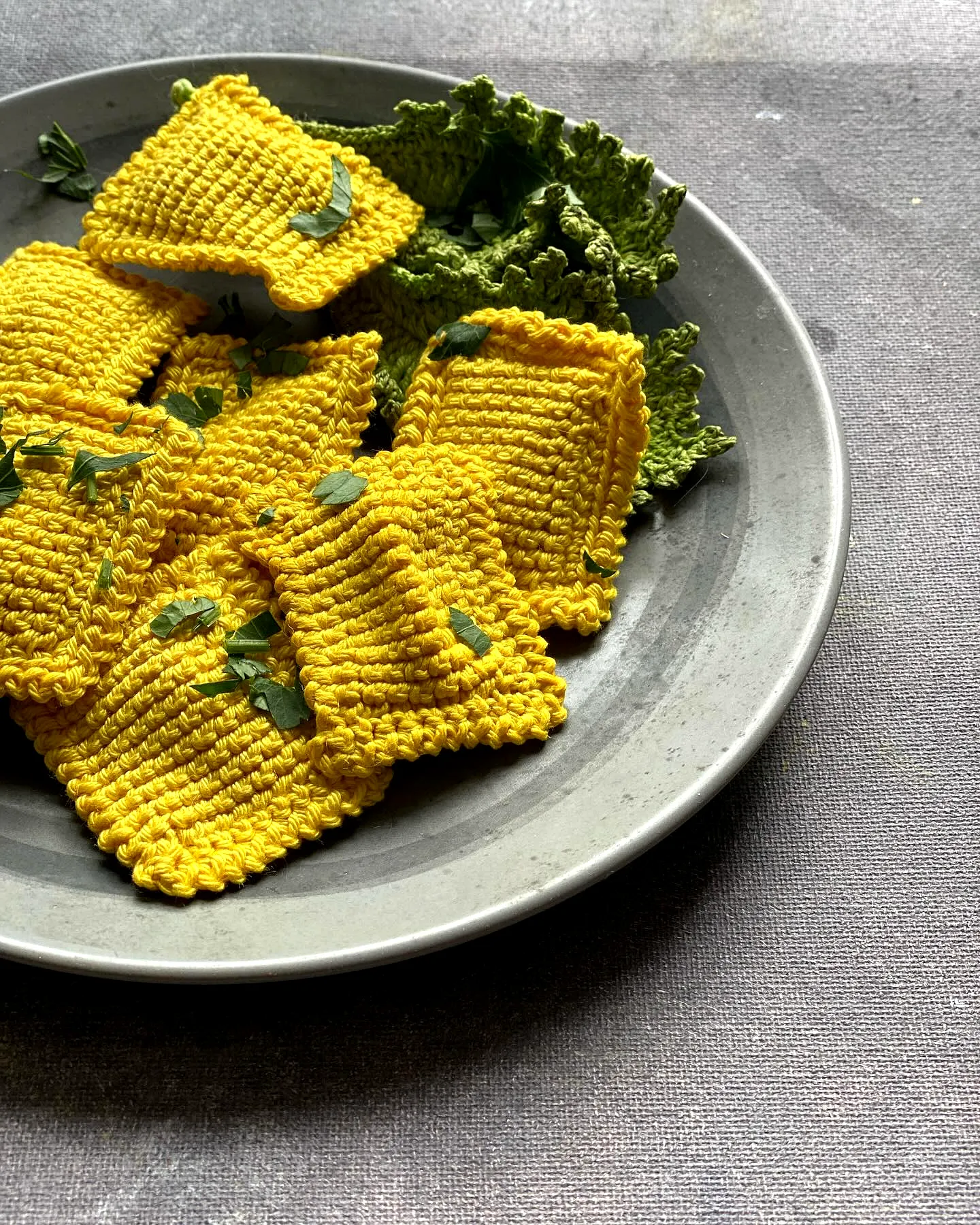 Adorable Crochet Pasta in Vibrant Yellow with Leaf Details