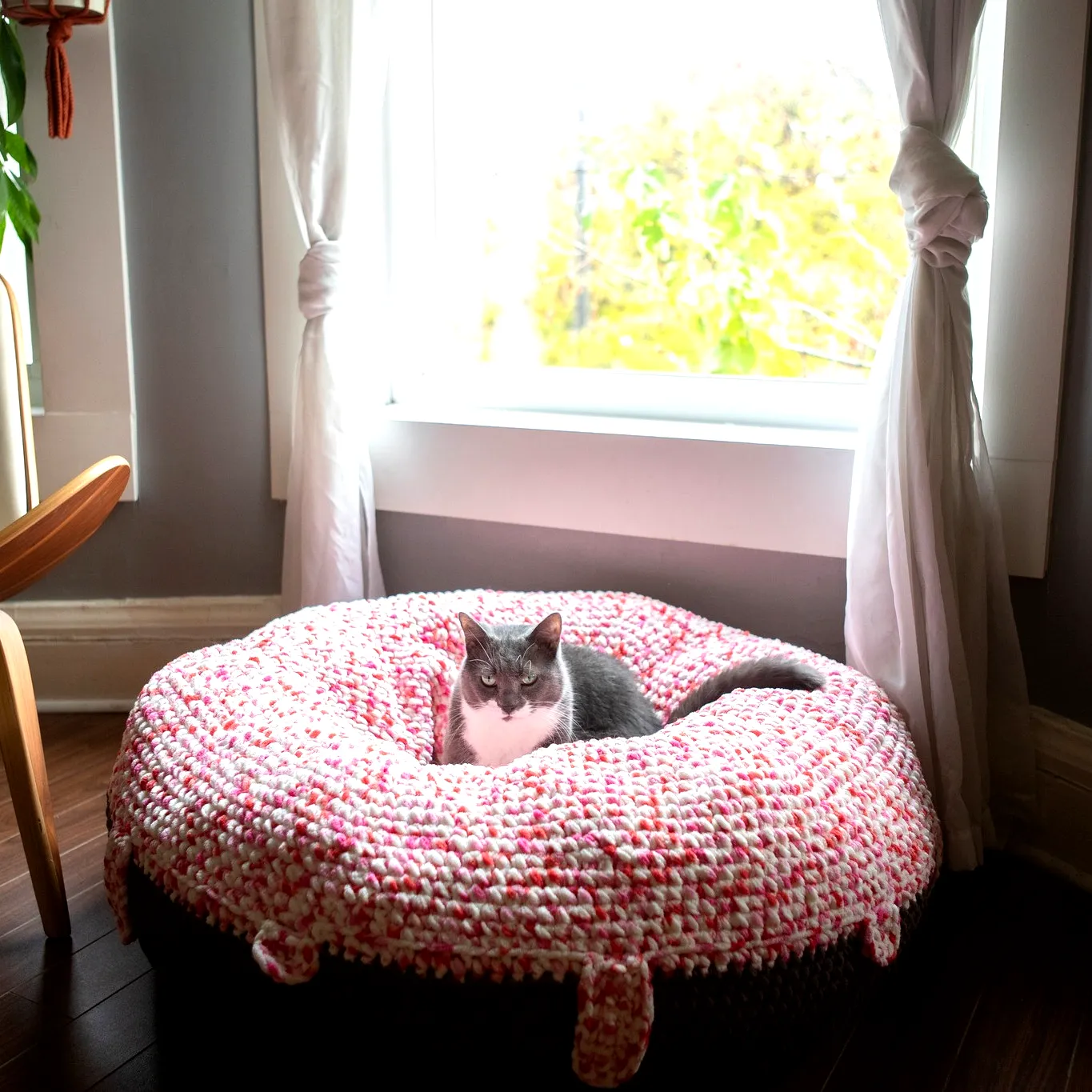 Adorable Crochet Pet Blanket in Pink and White for Cozy Naps