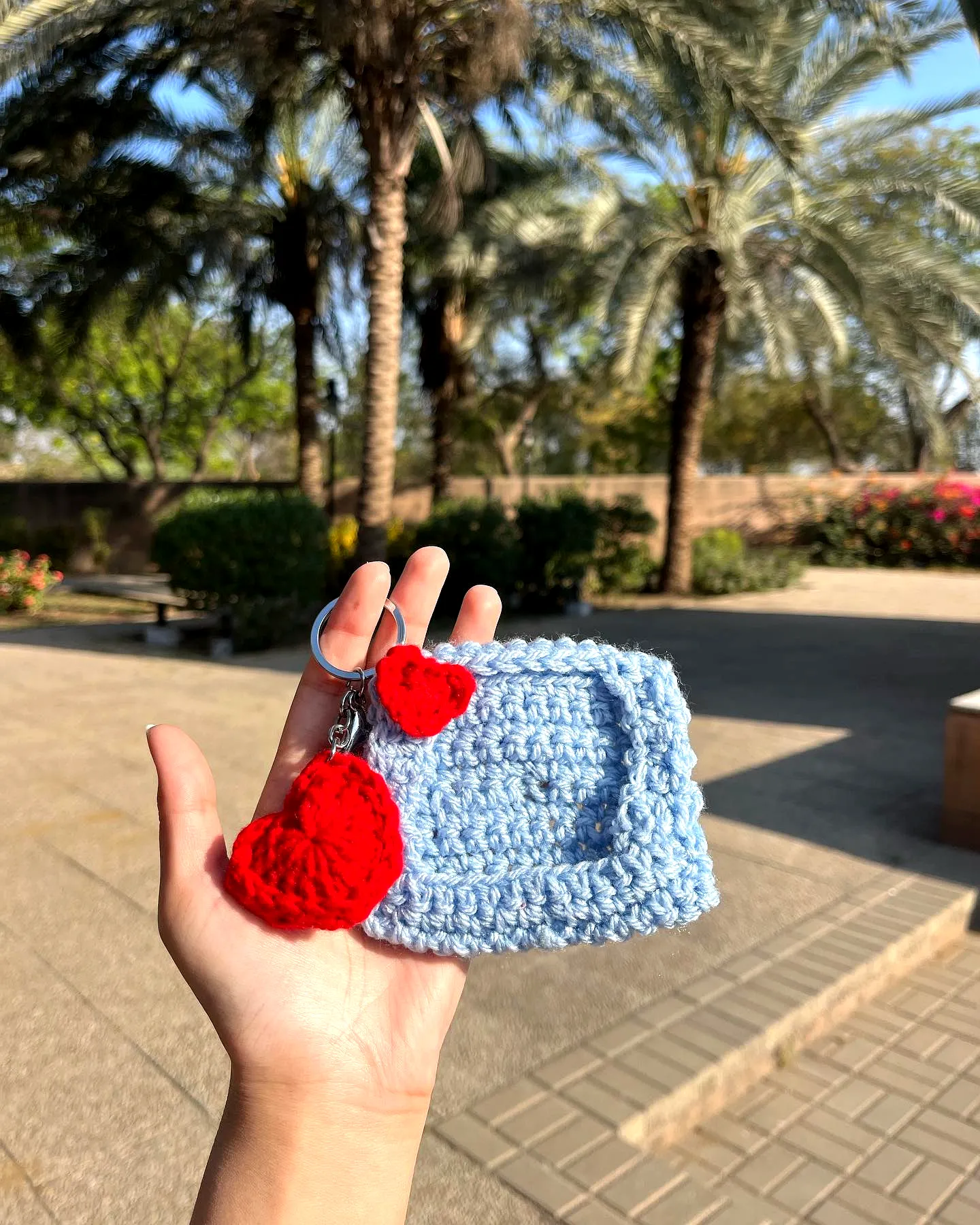 Adorable Crochet Photo Frame in Light Blue with Red Hearts