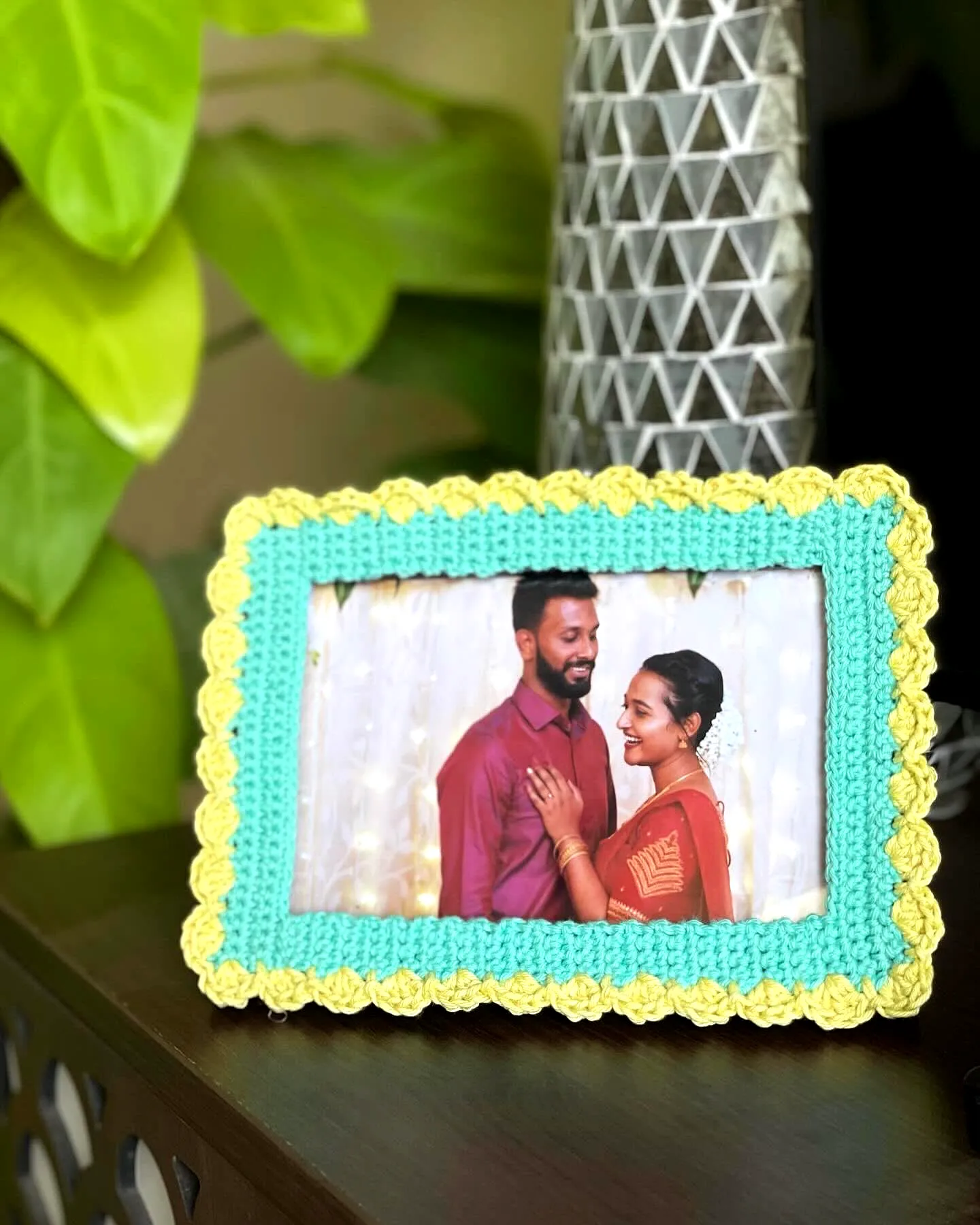 Adorable Crochet Photo Frame in Mint Green and Yellow Scallops