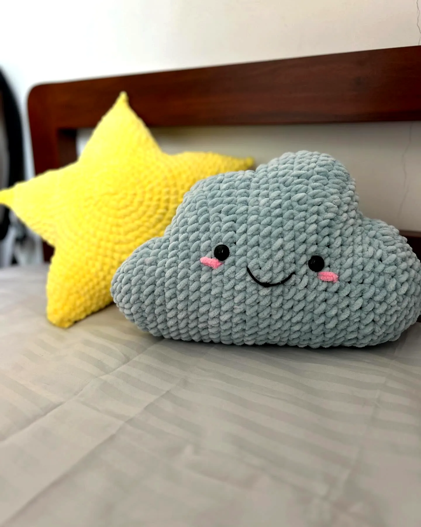 Adorable Crochet Pillow in Soft Gray with Cheerful Design