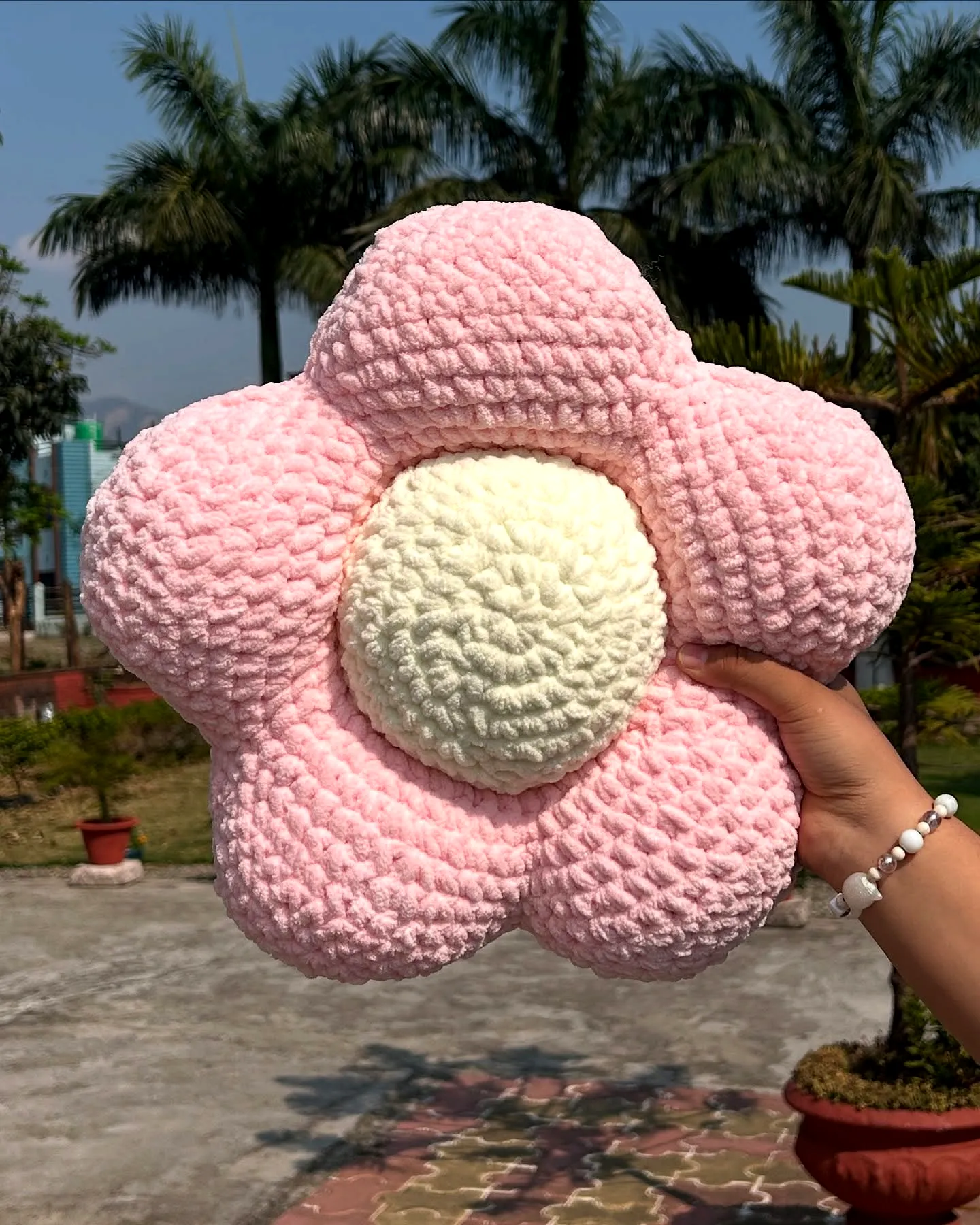 Adorable Crochet Pillow in Soft Pink and Cream Flower Design