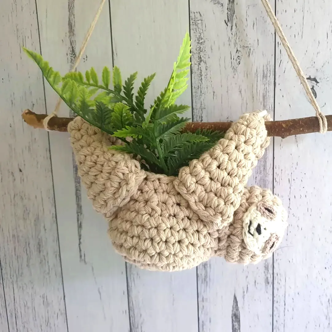 Adorable Crochet Plant Hanger in Soft Beige Sloth Design