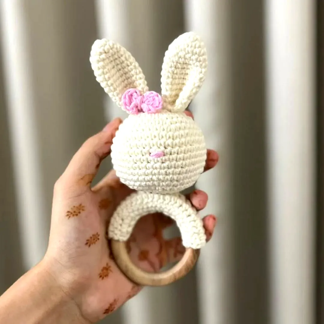 Adorable Crochet Rattle Bunny with Wooden Ring in Cream and Pink