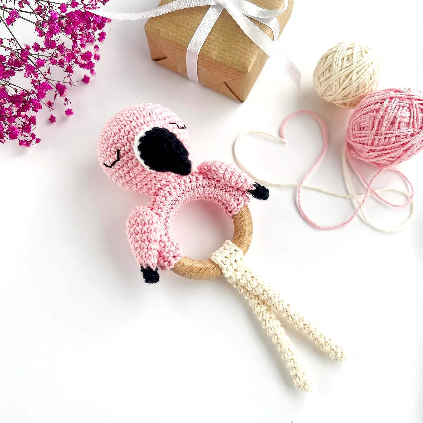 Adorable Crochet Rattle in Pink and Cream Flamingo Design