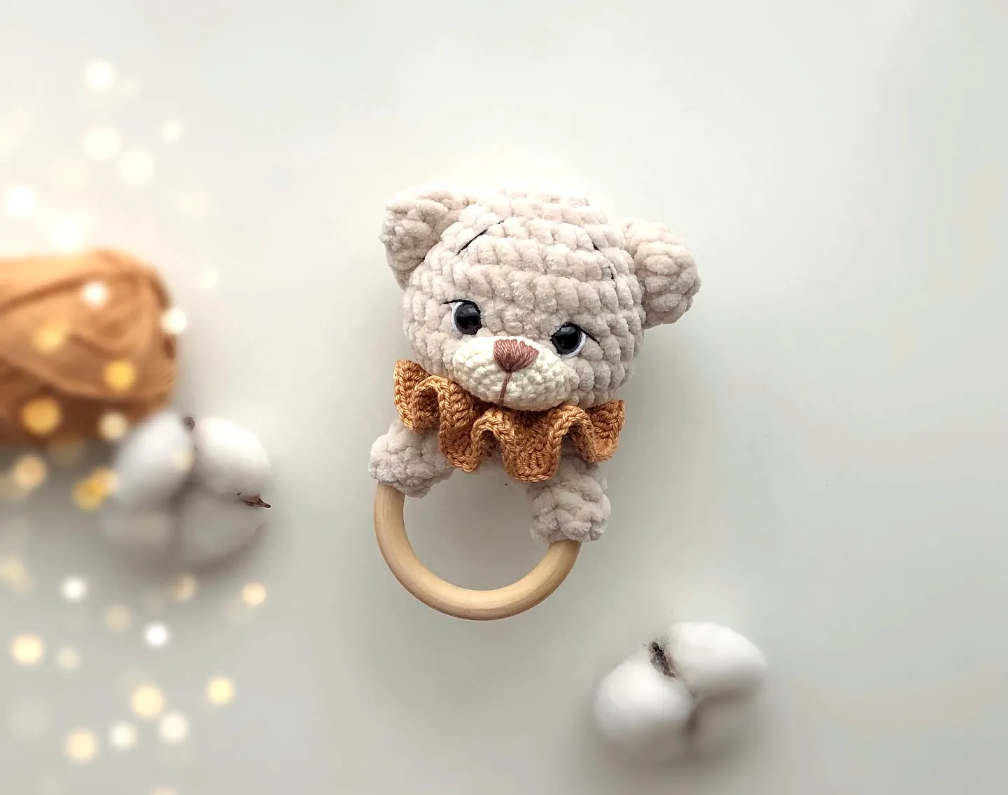 Adorable Crochet Rattle in Soft Beige with Bear Design