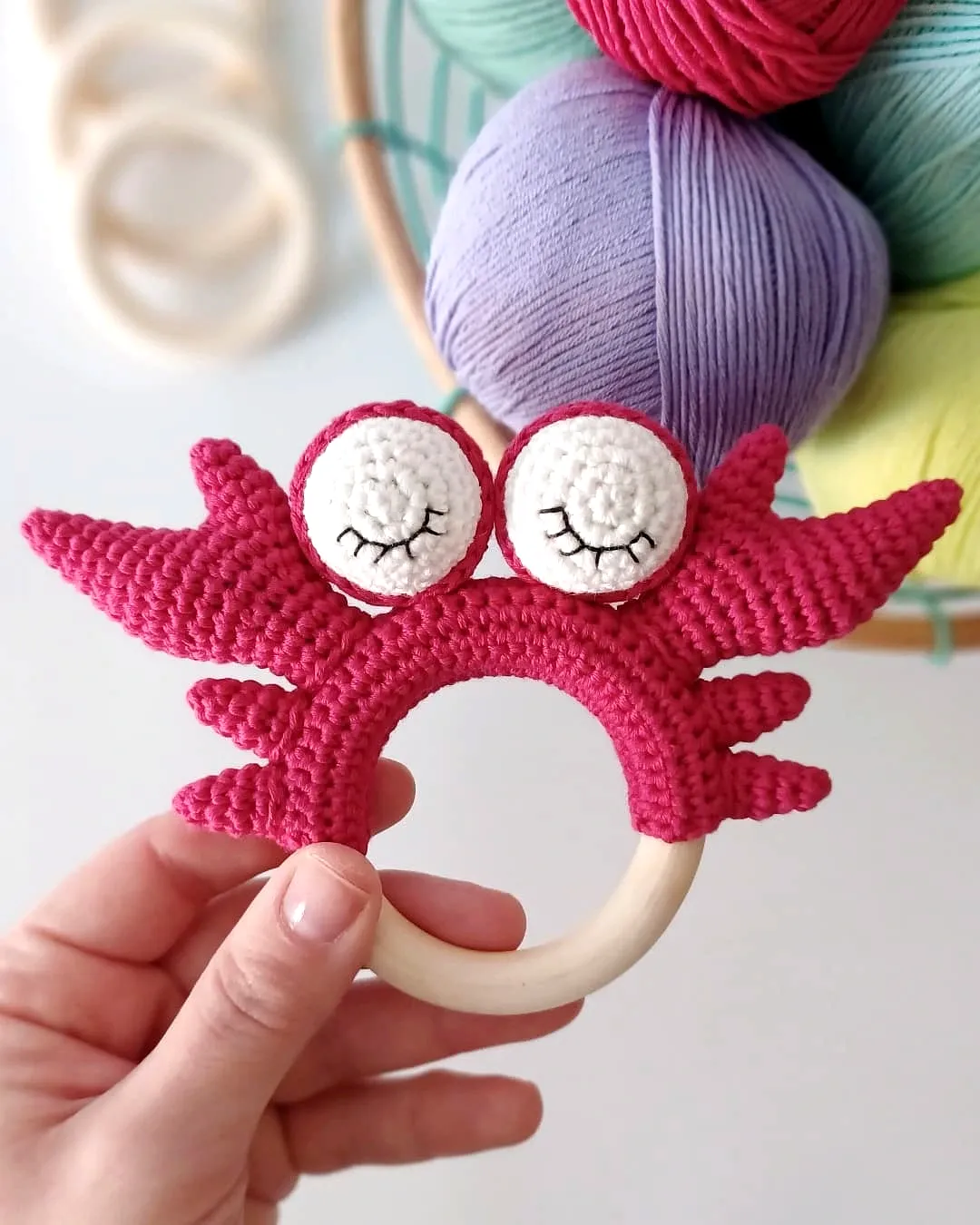 Adorable Crochet Rattle in Vibrant Pink Crab Design for Babies