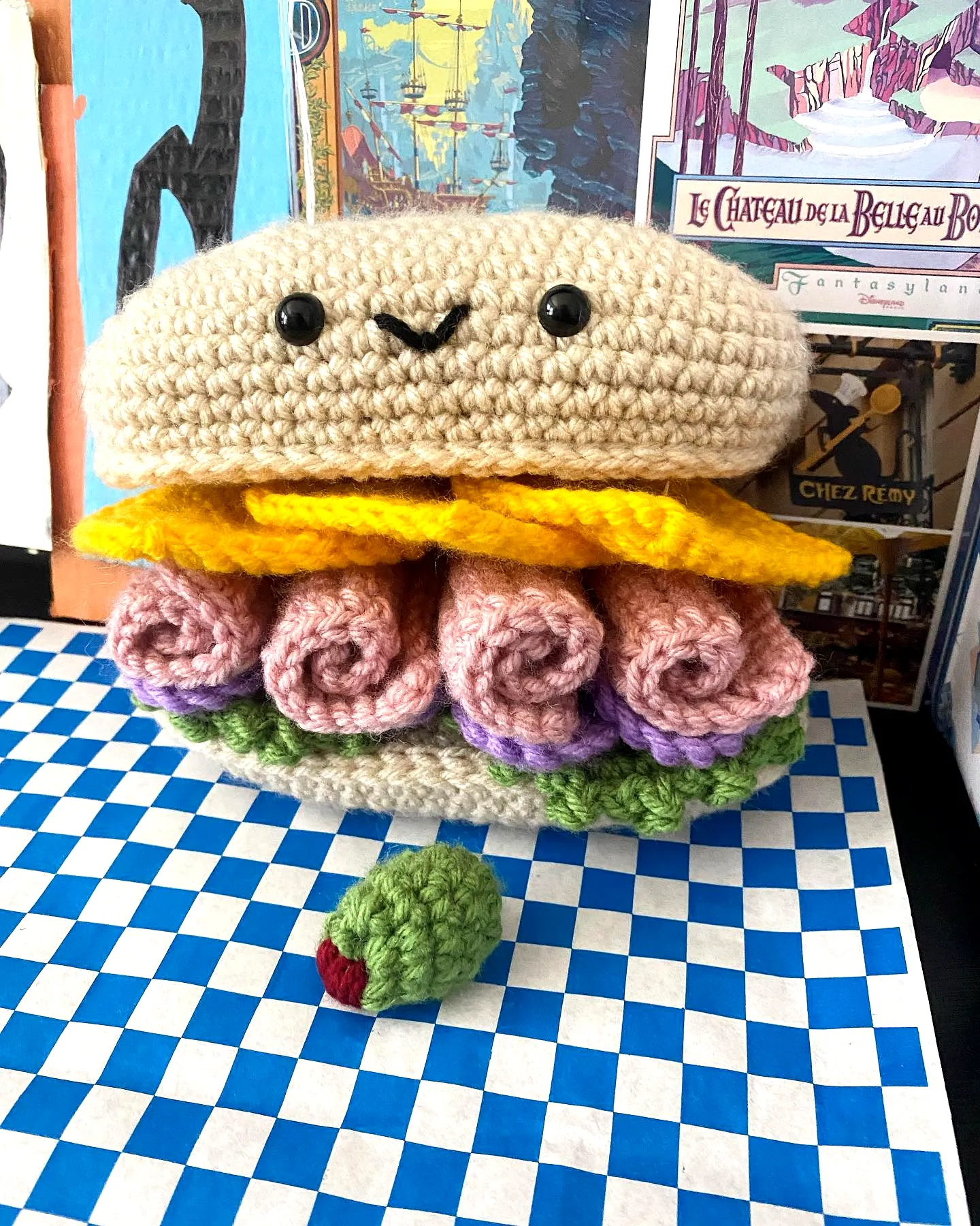 Adorable crochet sandwich plush toy in vibrant colors for fun