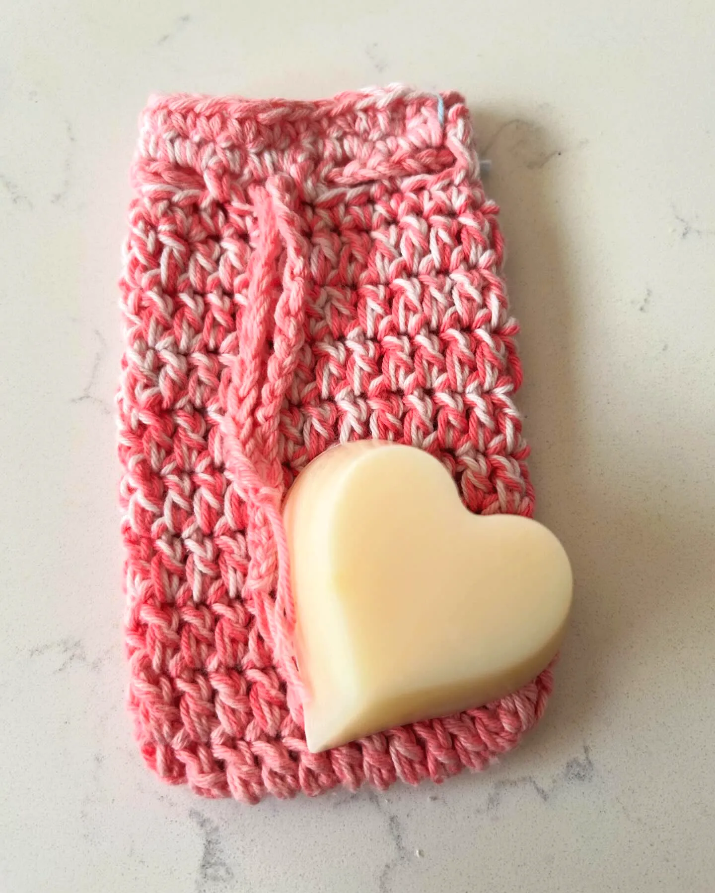 Adorable Crochet Soap Saver in Heart Shape with Gradient Pink Yarn
