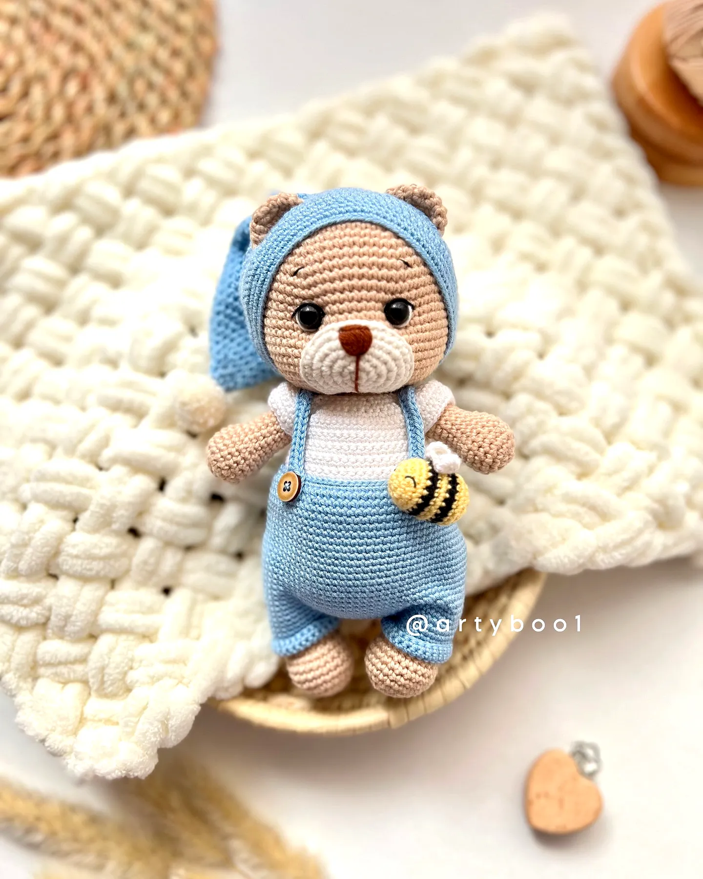 Adorable Crochet Stuffed Animal Bear in Blue Overalls