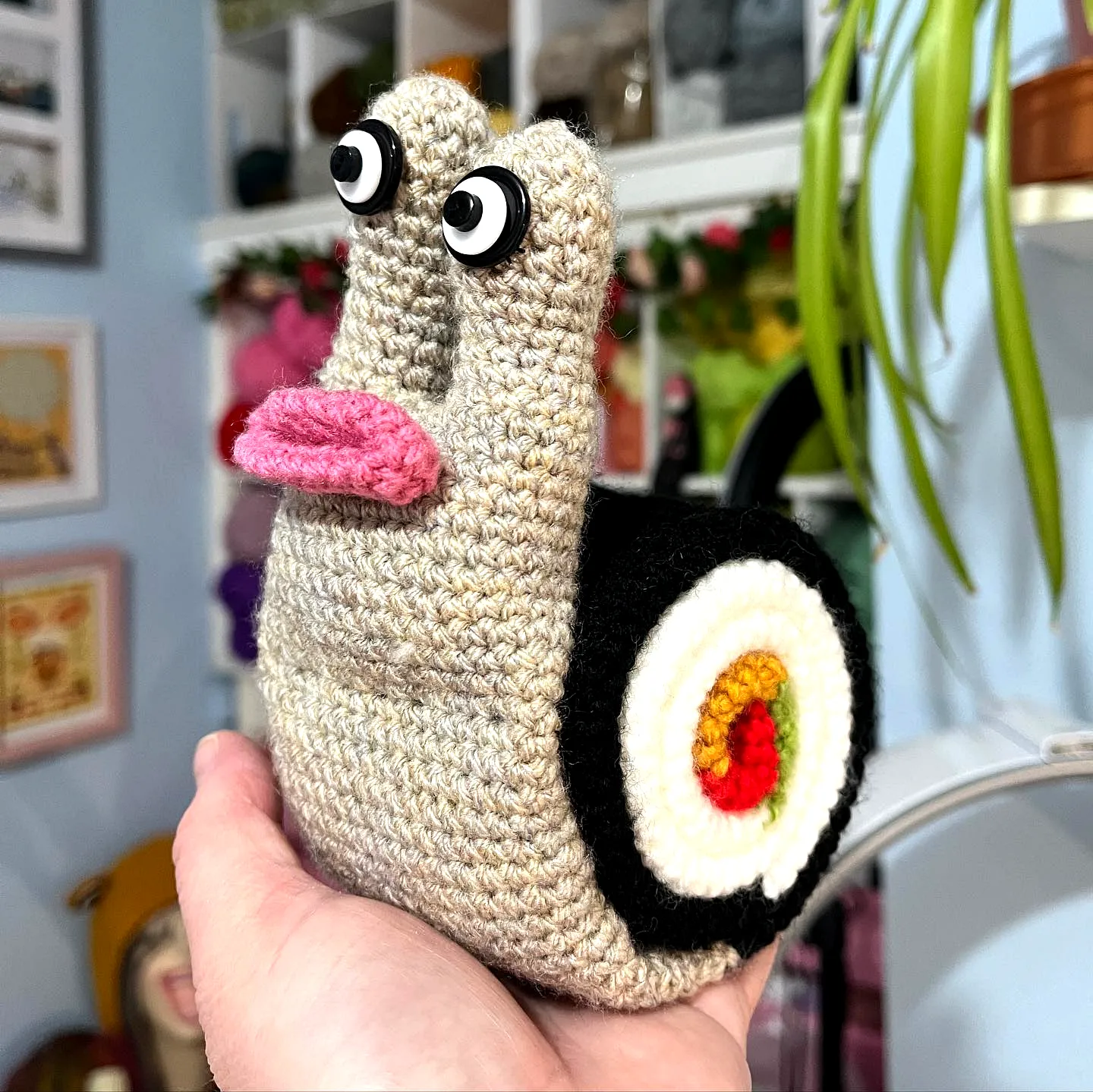 Adorable Crochet Sushi Snail in Vibrant Yarn Colors