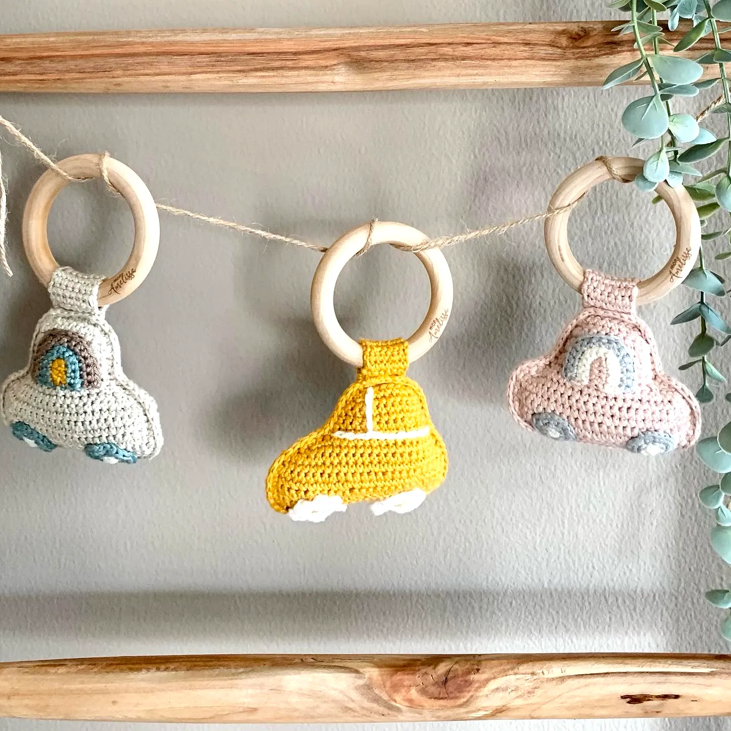 Adorable Crochet Teether Car in Pastel Colors for Infants