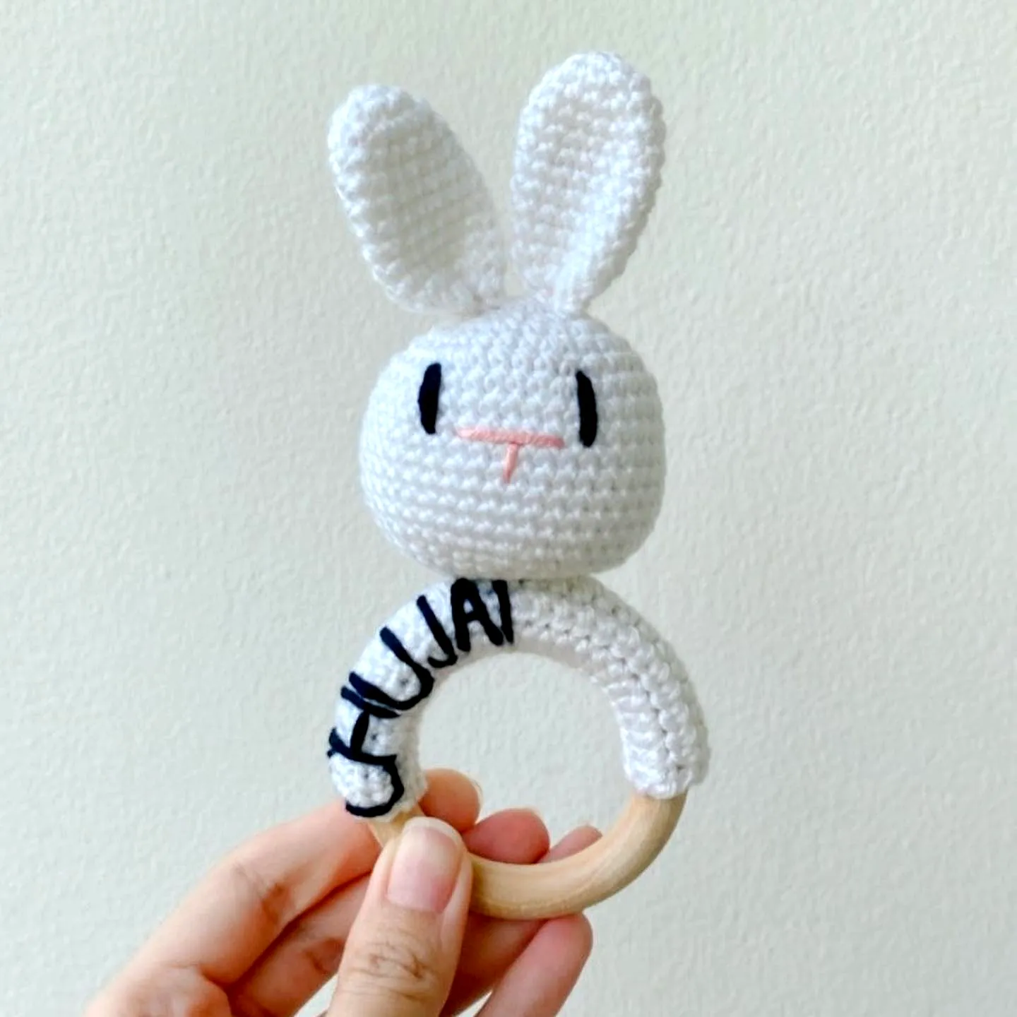 Adorable crochet teether in soft white with bunny design