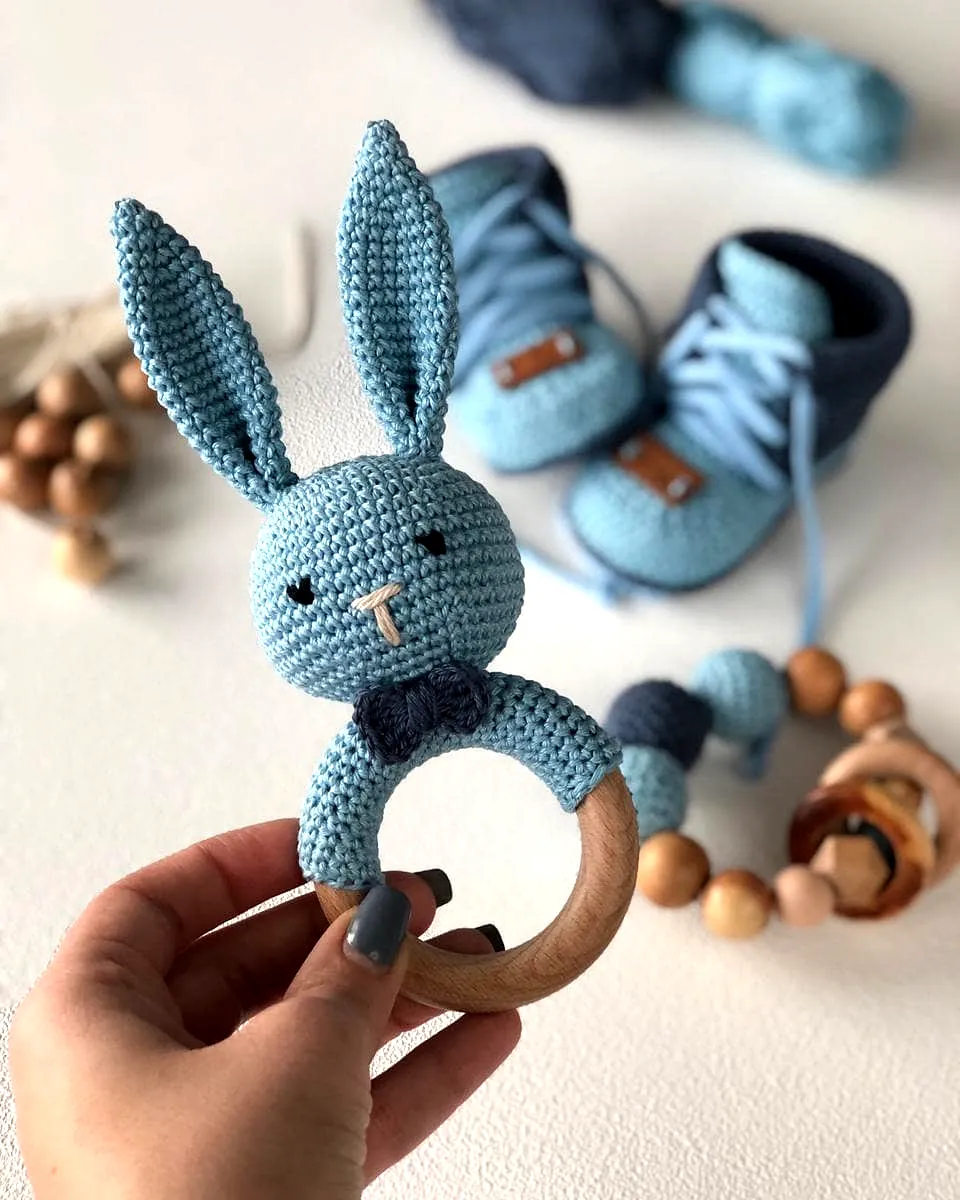 Adorable Crochet Toy Blue Bunny Teether with Wooden Ring
