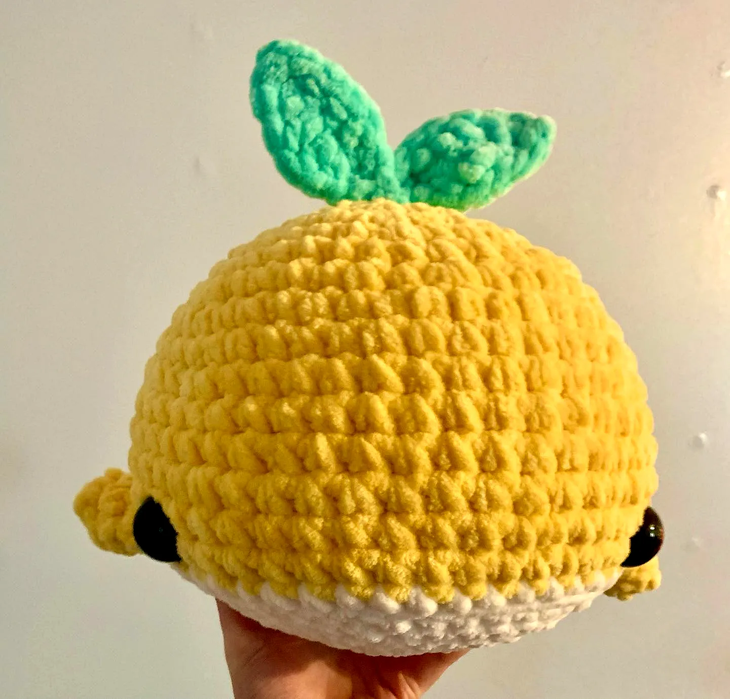 Adorable Crochet Whale Plush in Vibrant Yellow with Leaves