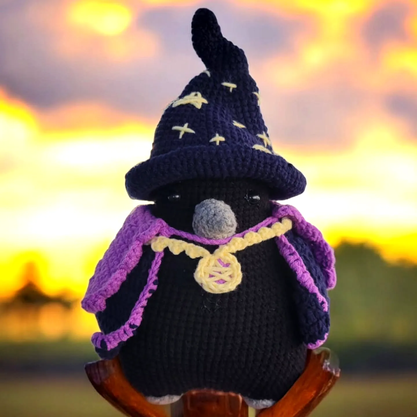 Adorable Crochet Wizard in Dark Colors with Starry Hat