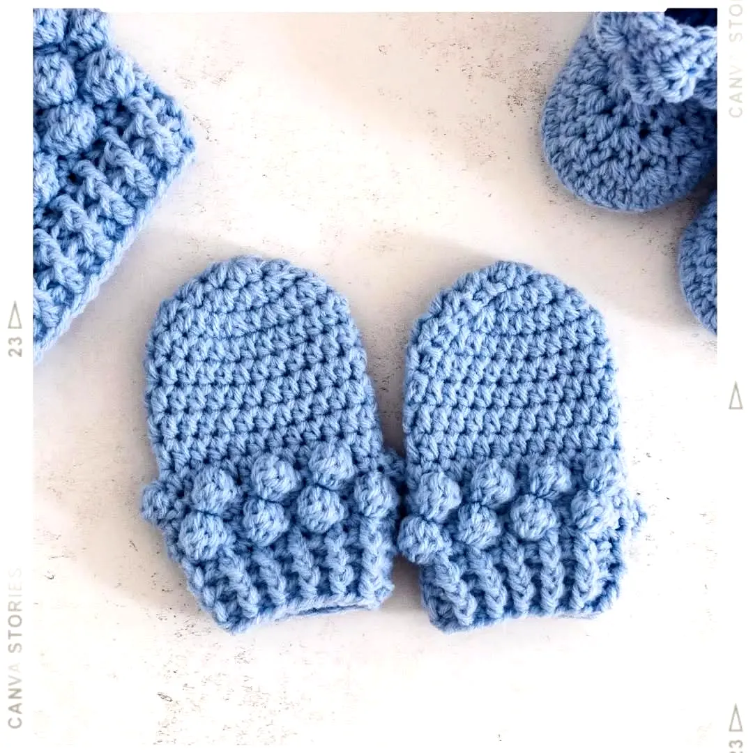 Adorable Easy Crochet Baby Mittens in Light Blue with Bobble Stitch