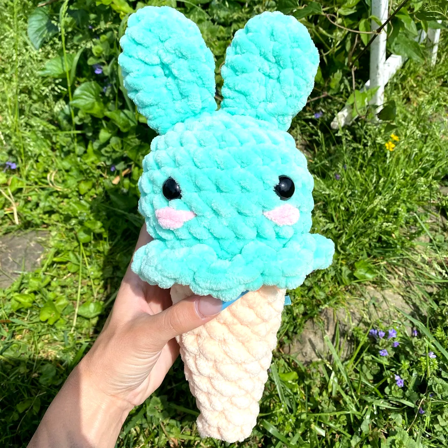 Adorable easy crochet ice cream bunny plushie in mint green