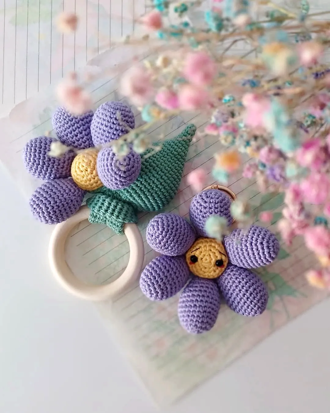 Adorable Lavender and Yellow Crochet Rattle on Wooden Ring
