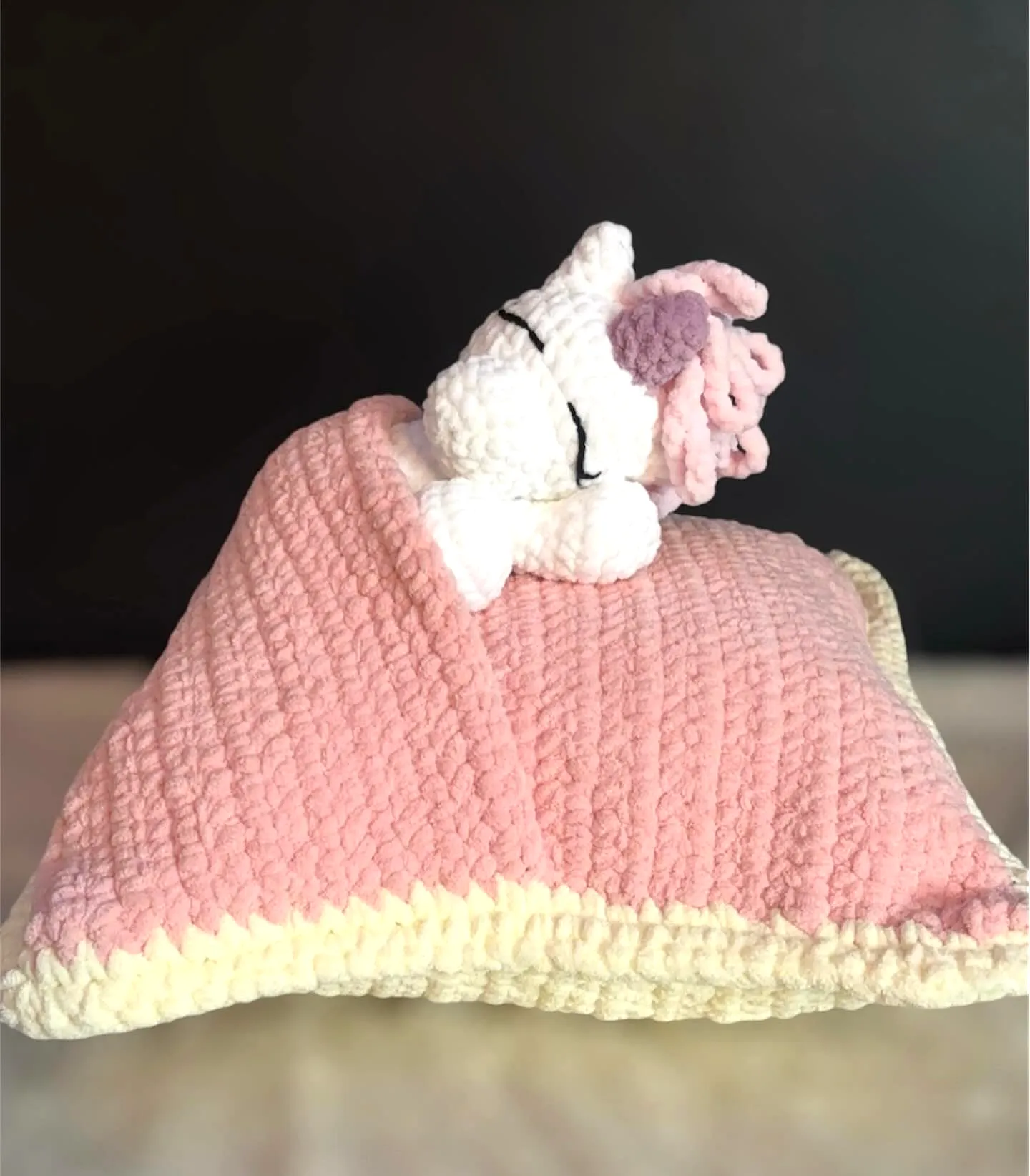 Adorable Pastel Pink Crochet Pillow with Cute Cat Design