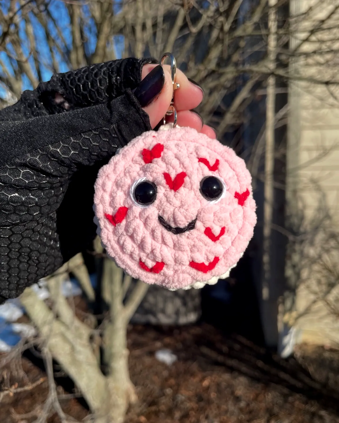Adorable Pink Crochet Cookie Keychain with Heart Sprinkles
