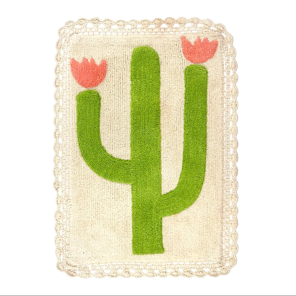 Adorable vibrant crochet bath mat with cactus design and lace border