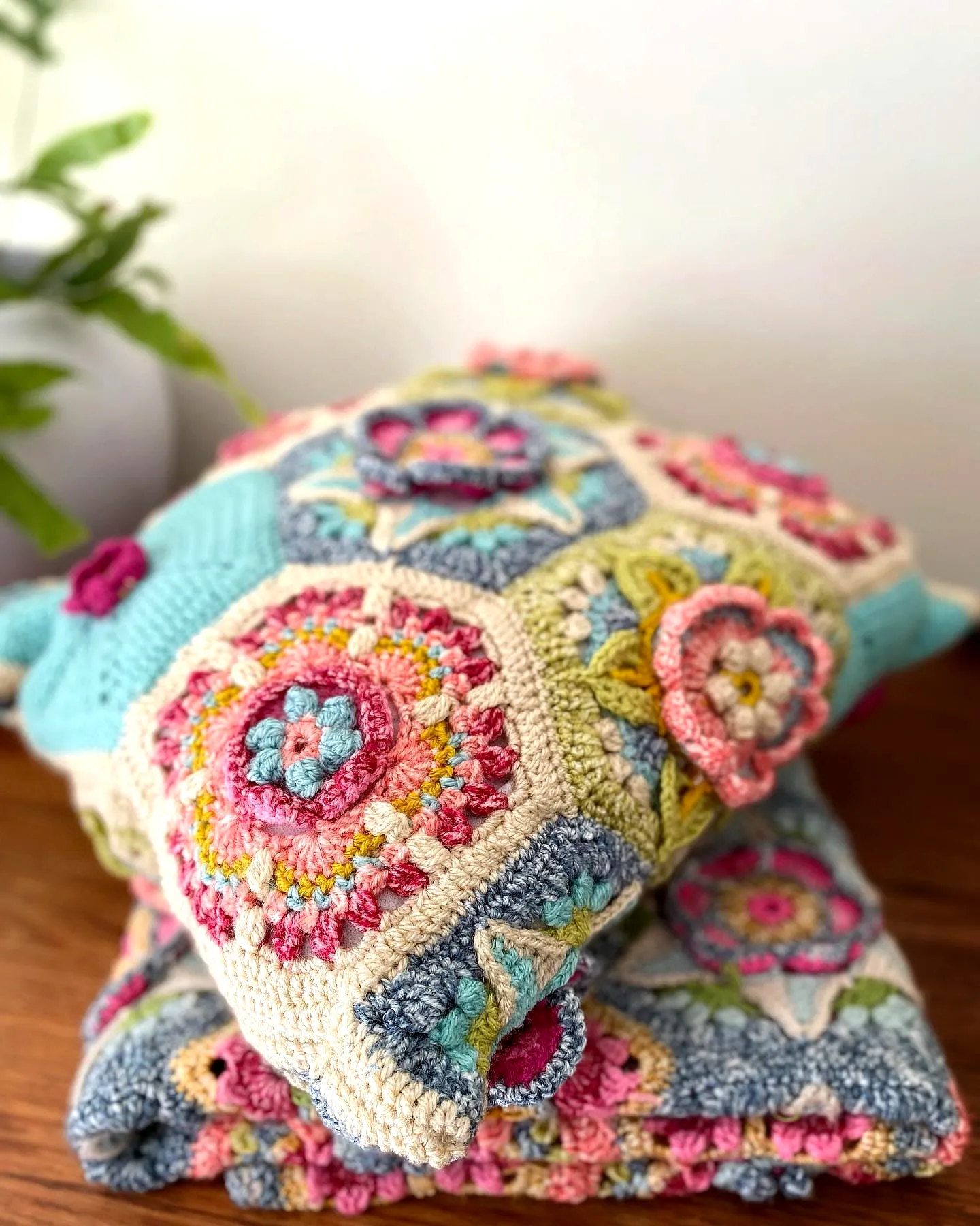 Advanced Crochet Cushion Cover with Vibrant Floral Hexagons