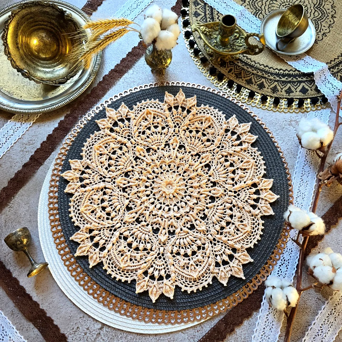 Advanced Crochet Doily in Muted Beige Floral Mandala Design