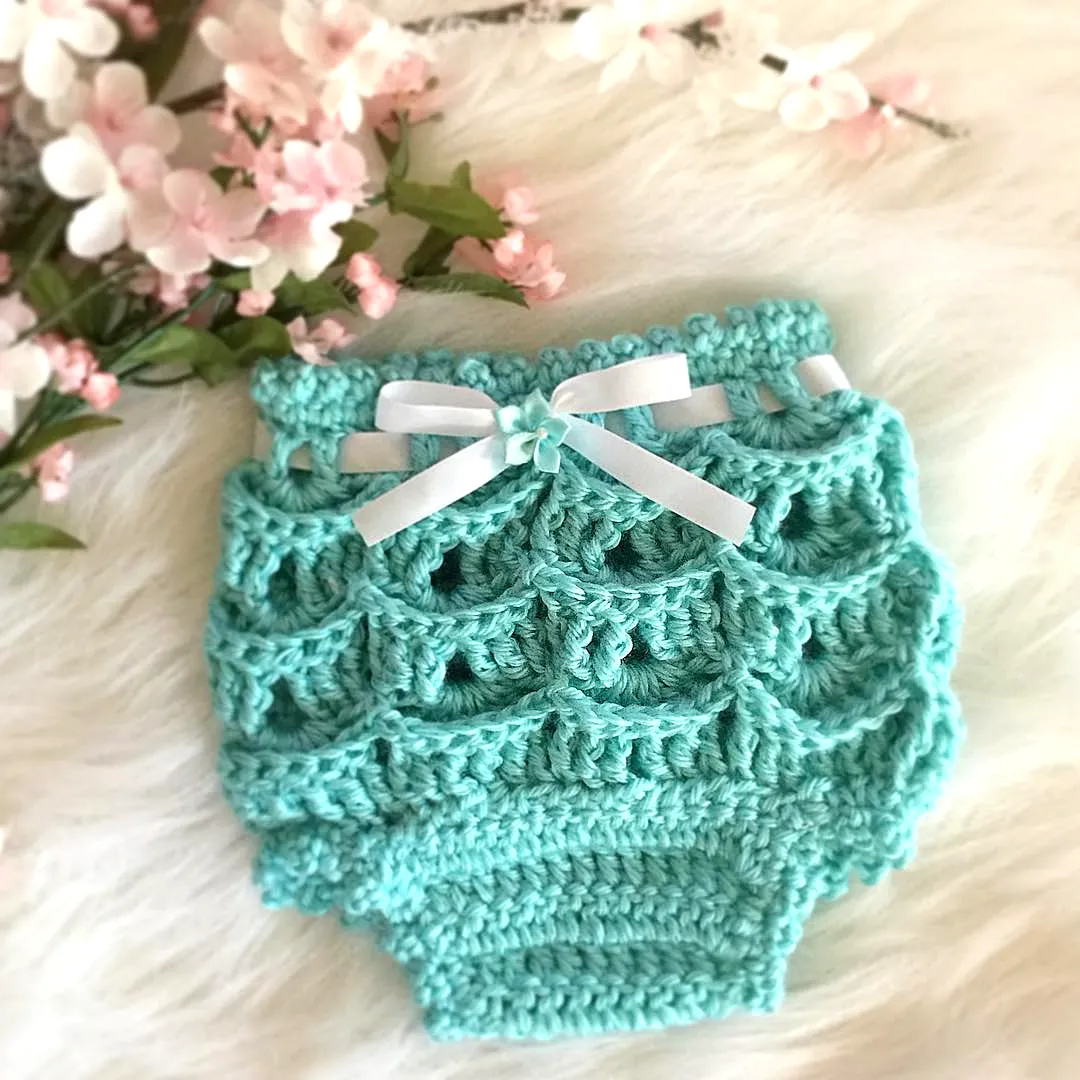 Charming Aqua Crochet Diaper Cover with Lace Bow Accents