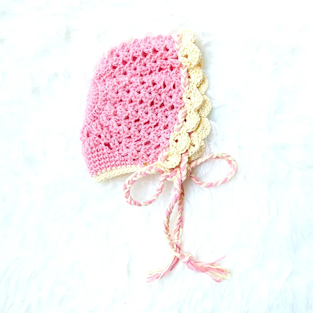 Charming Crochet Baby Bonnet in Soft Pink with Scalloped Edge