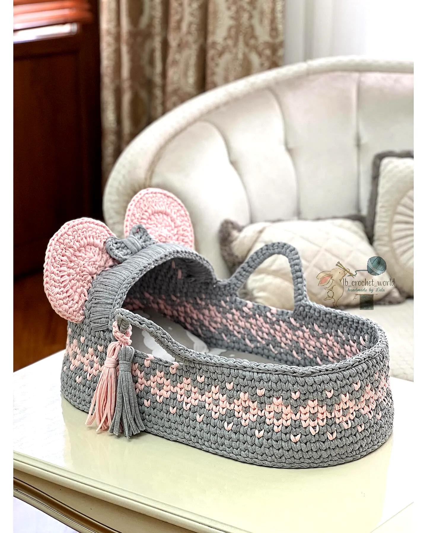 Charming Crochet Baby Nest in Gray and Pink with Cute Ears