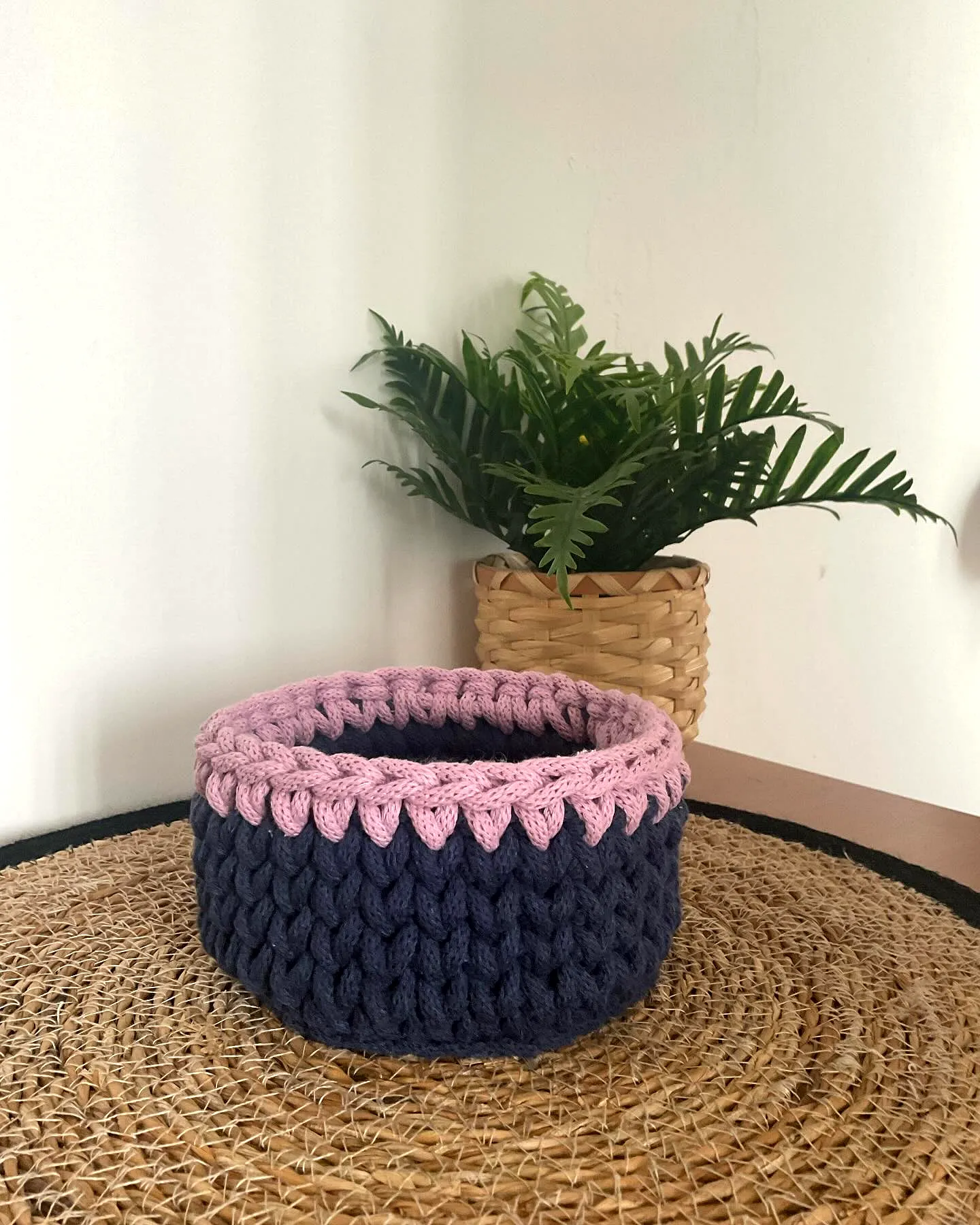 Charming Crochet Basket Organizer in Navy Blue and Pink