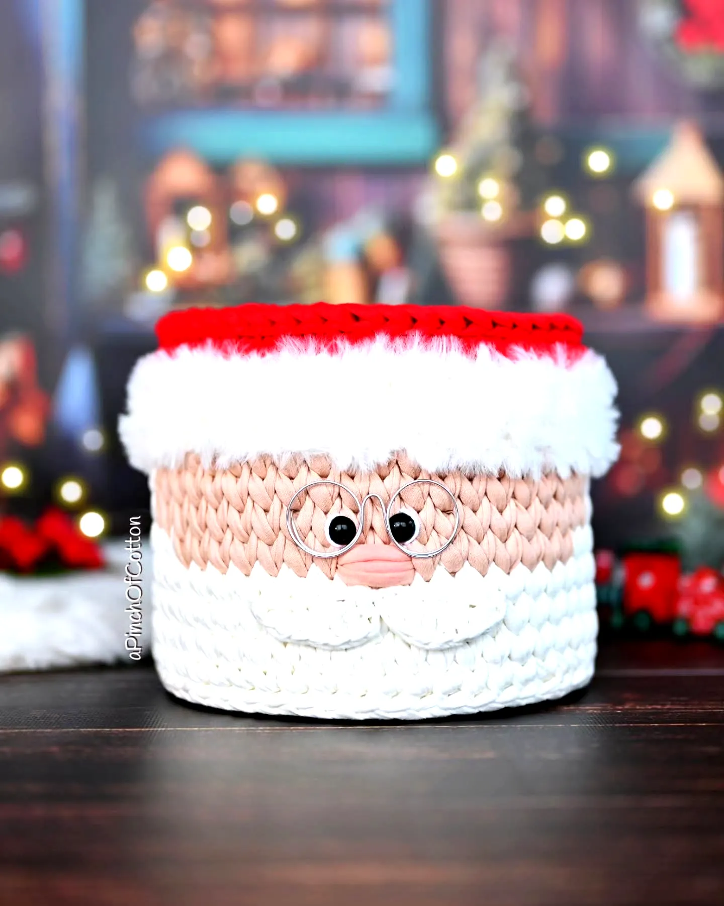Charming Crochet Basket with Santa Face in Festive Colors