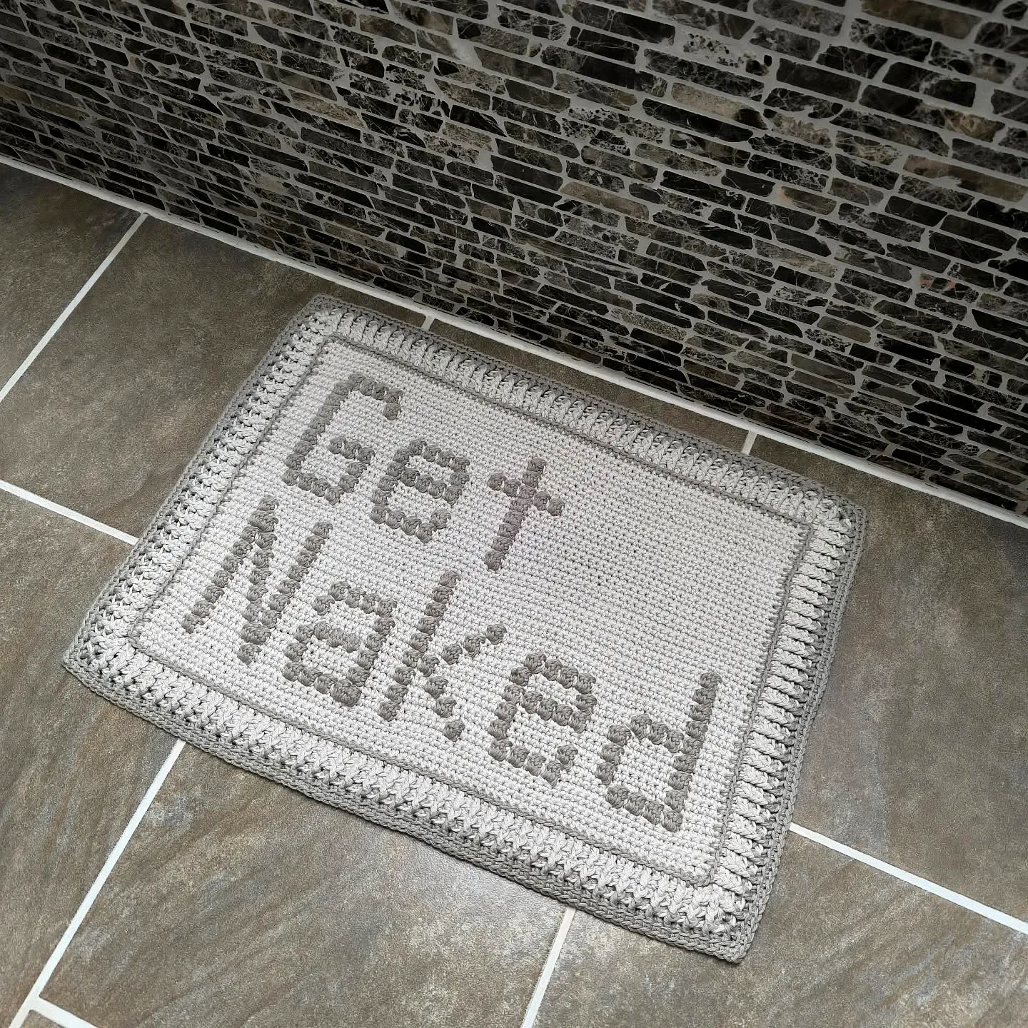 Charming Crochet Bath Mat with Get Naked Design in Neutral Tones