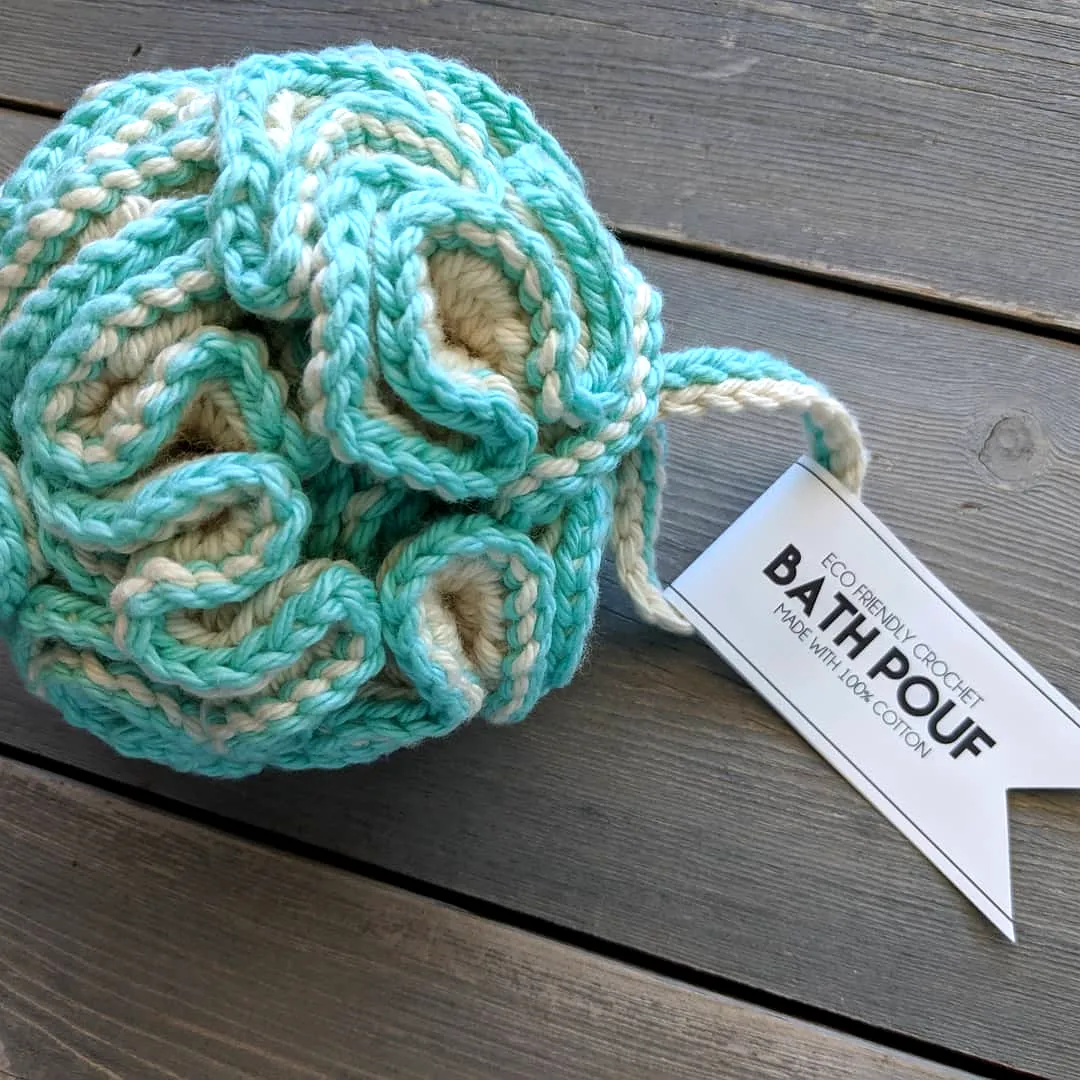 Charming Crochet Bath Pouf in Light Blue and White for Beginners