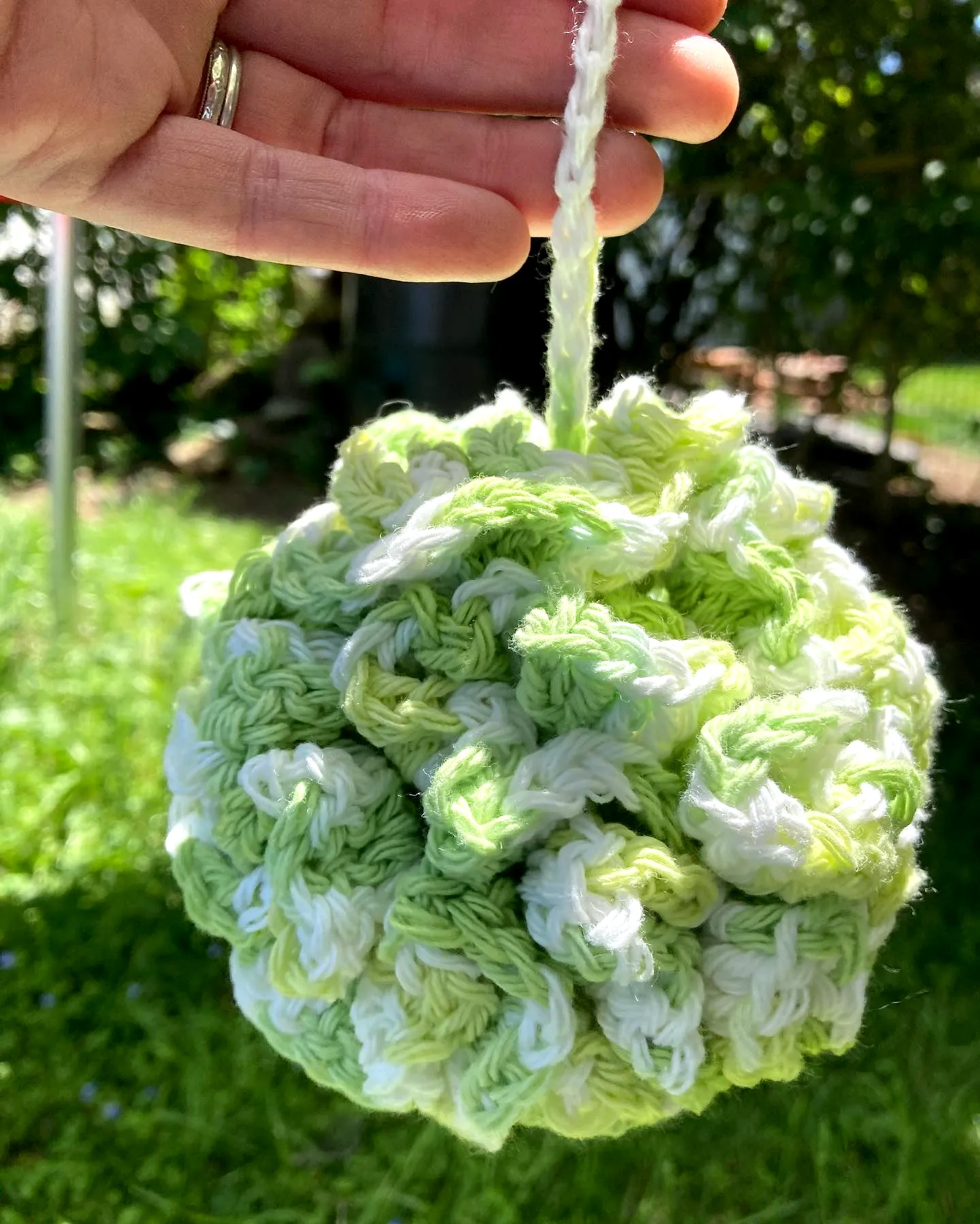 Charming Crochet Bath Pouf in Soft Green and White Cotton