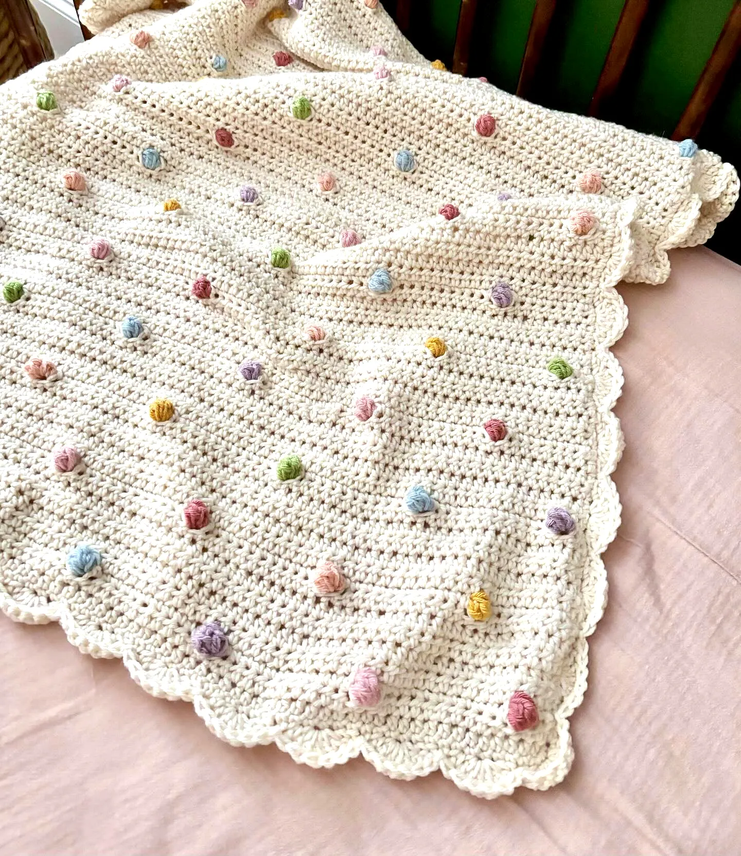 Charming Crochet Blanket in Cream with Colorful Bobble Accents