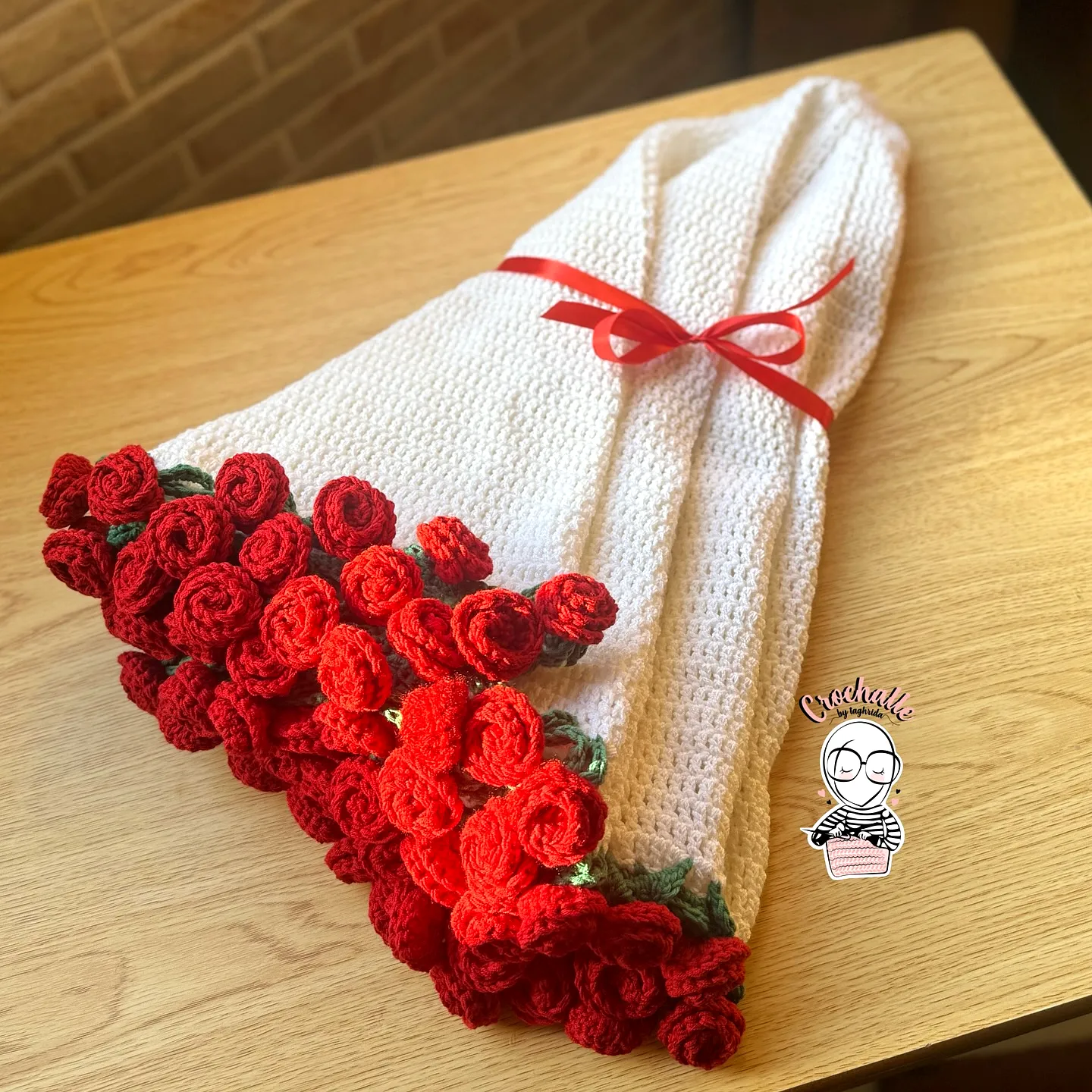 Charming Crochet Blanket with Red Rose Appliques