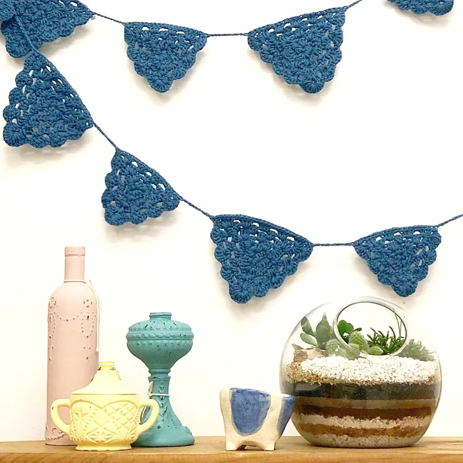 Charming Crochet Bunting in Rich Blue with Delicate Lace Design