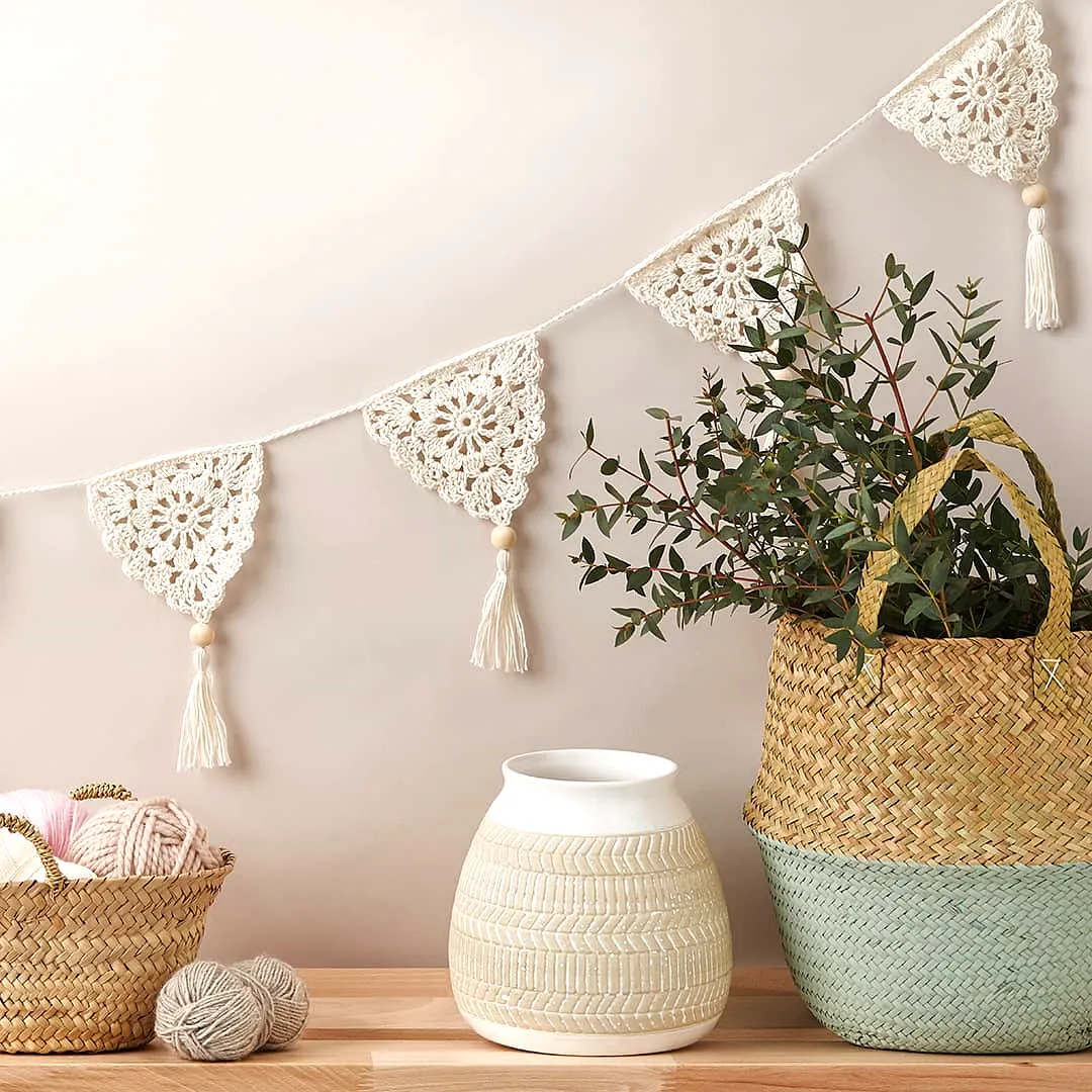 Charming Crochet Bunting in Soft Cream with Beads and Tassels