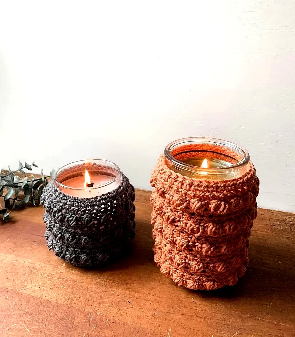 Charming Crochet Candle Holder Set in Warm Gray and Terracotta